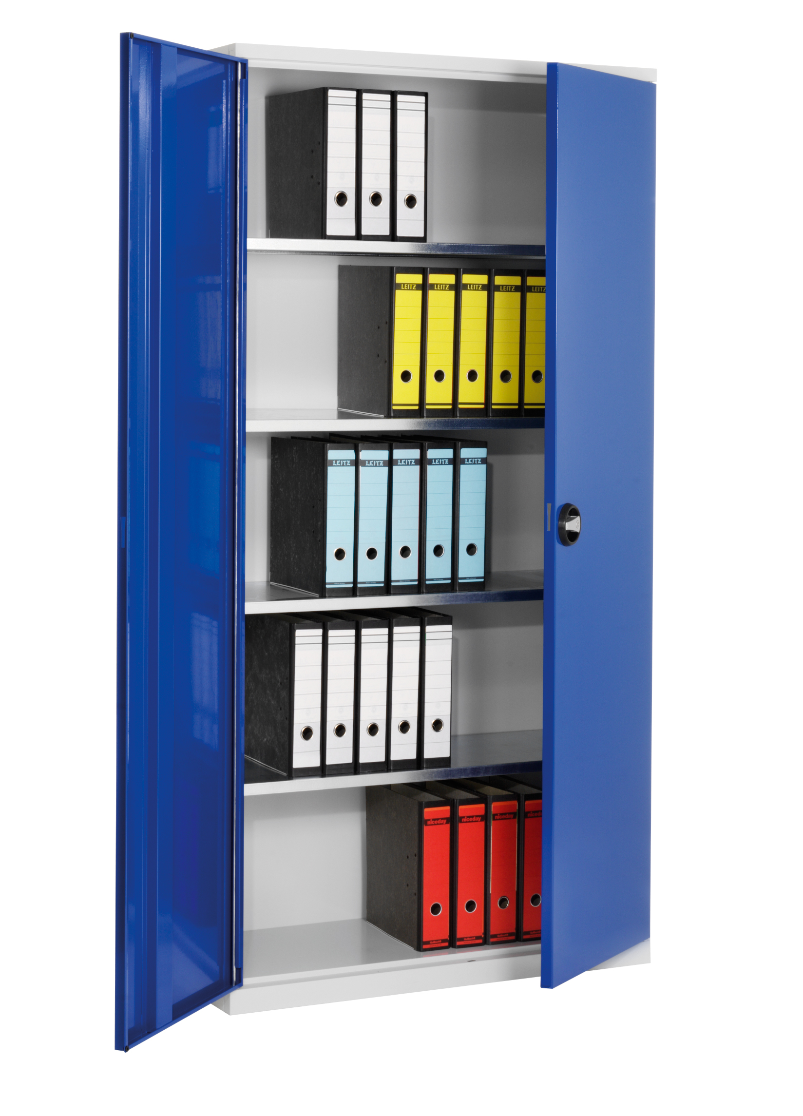 Systemschrank Serie 400 von Kappes: Robuster Stahlschrank in Lichtgrau/Blau, H1950 x B1000 x T410 mm, mit Vollblechtüren, 4 Fachböden, ideal für Profis.