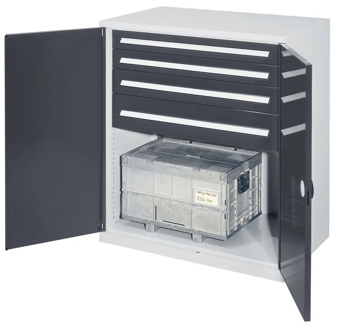 Der Schwerlast-Beistellschrank Modell 62 von Kappes Systeme GmbH bietet robuste Lagerung mit doppelwandigen T?ren, hoher Belastbarkeit und anpassbaren Schubladen.