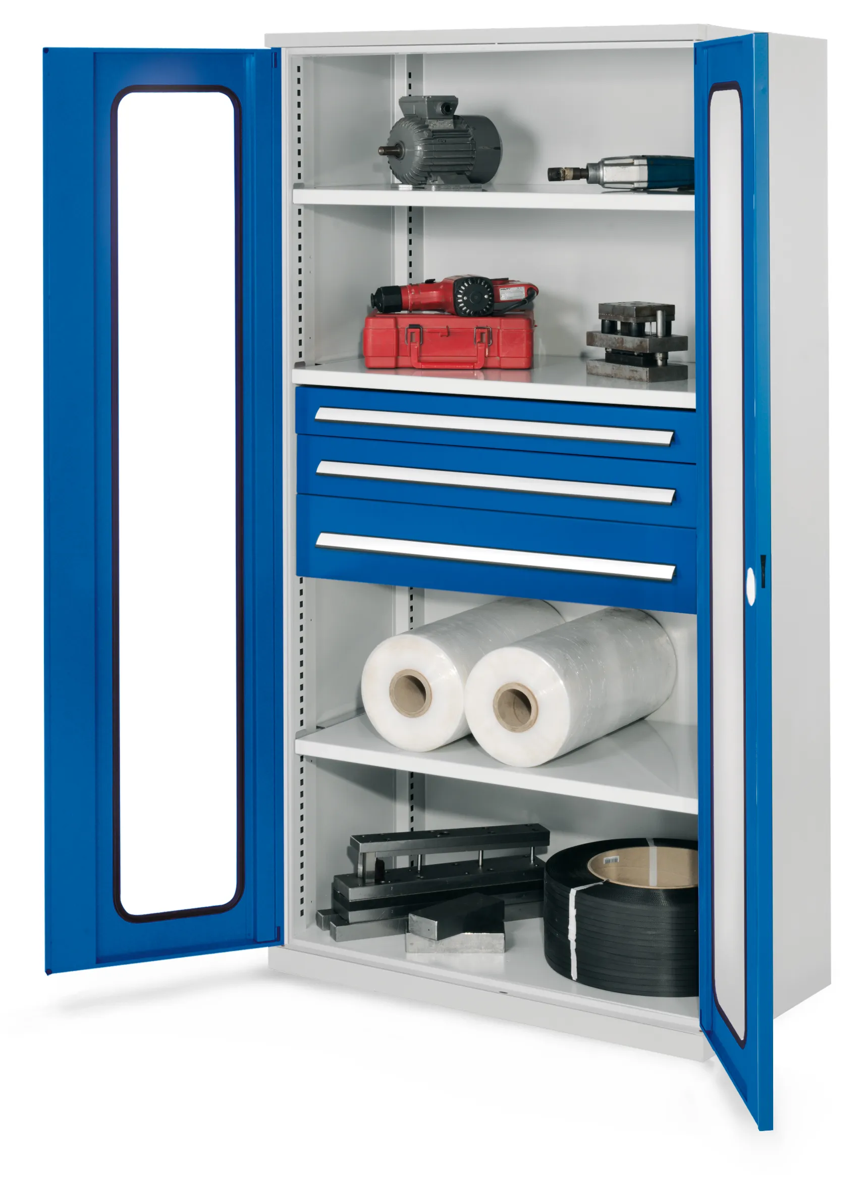 Der Schwerlastschrank Mod 46 von Kappes Systeme: Robuste Stahlkonstruktion mit Sichtfenstertüren, verstellbaren Fachböden und hoher Tragkraft bis 1,65 Tonnen.