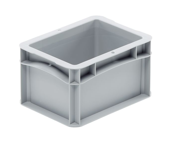 Eurobehälter von Bekuplast, 200x150x120 mm, aus robustem PP-C, ideal für Lagerung und Transport kleiner Produkte. Geschlossene Seiten und Griffe, 2,2 L Volumen.