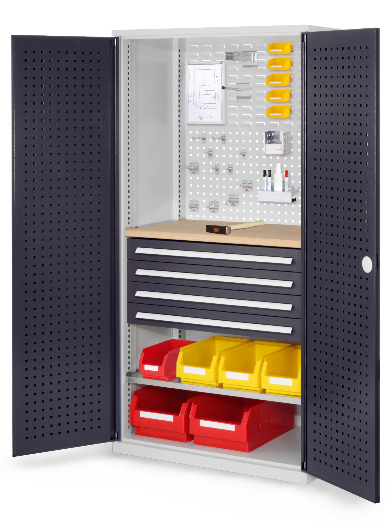 Der RasterPlan Schubladenschrank Modell 16 von Kappes Systeme bietet robuste Lagerung mit 4 Schubladen, verzinktem Fachboden und Multiplex-Werkbankplatte.