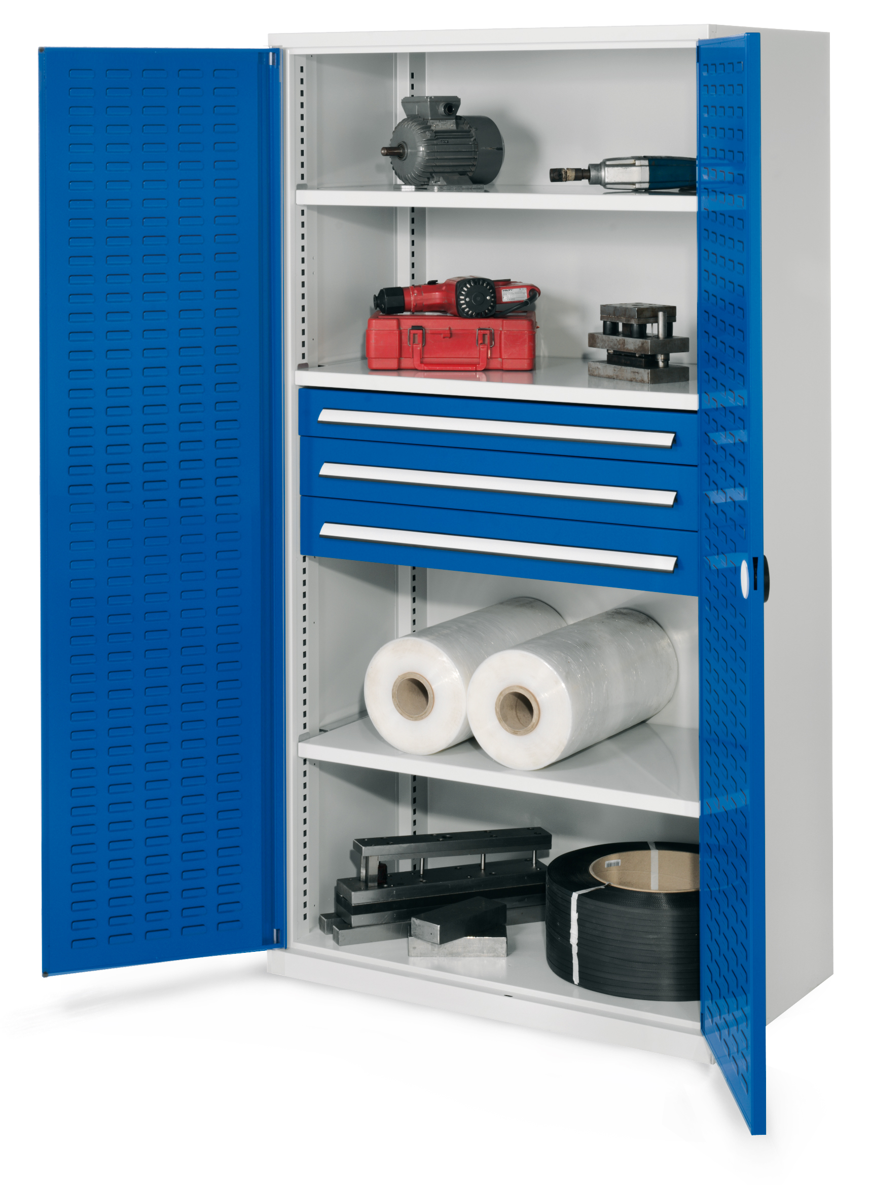Schwerlastschrank Mod 43 von Kappes Systeme: Robuste Stahlkonstruktion, 1,65 t Belastbarkeit, verstellbare Fachböden, doppelwandige Türen, ideal für schwere Werkzeuge.