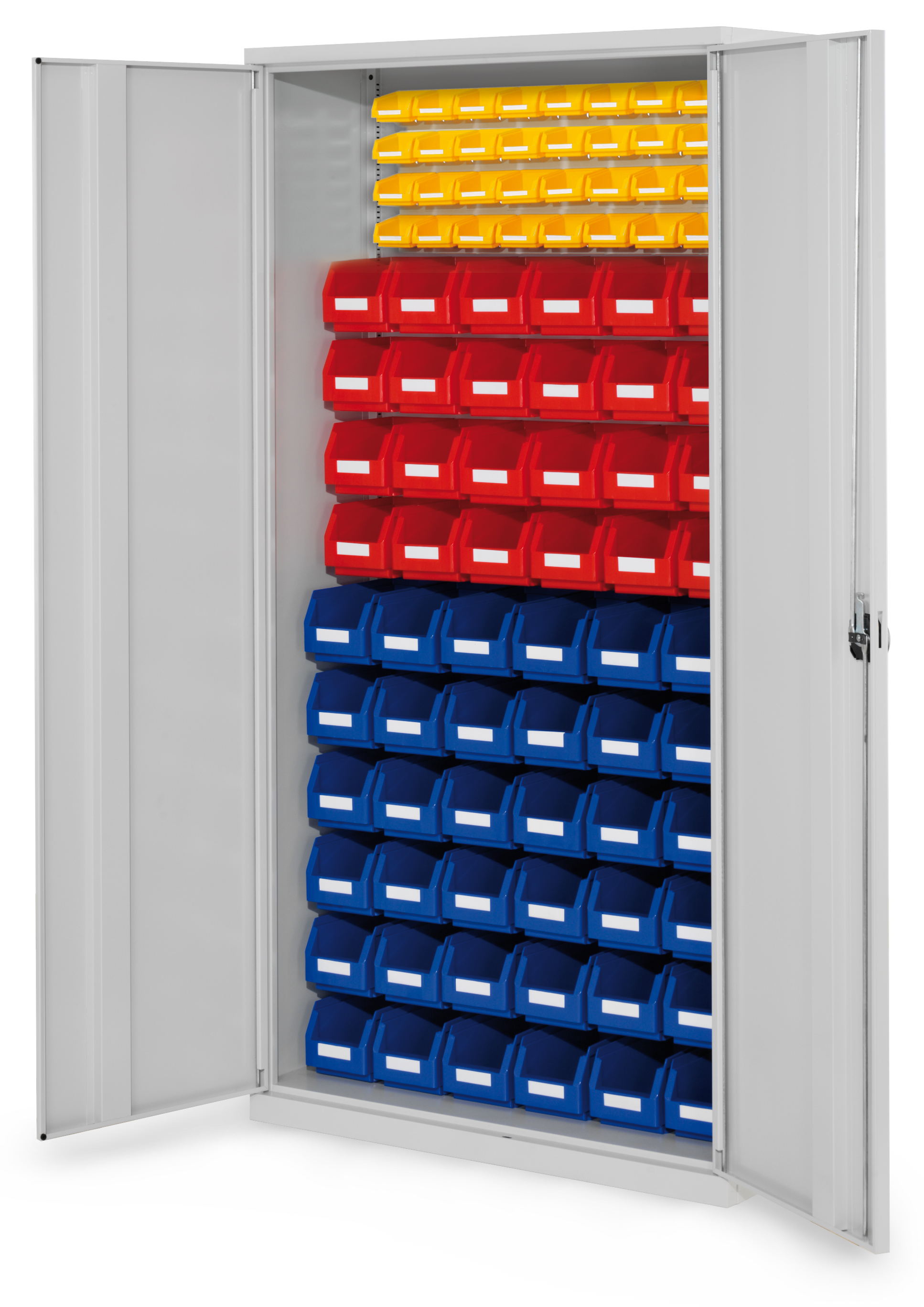 ®RasterPlan Schlitzplattenschrank H1950 x B 1000 x T 410 mm RAL 7035 Modell57 Vollblechtüren bestückt mit Lagersichtkasten 36 x Größe 5 24 x Größe 6 32 x Größe 8.