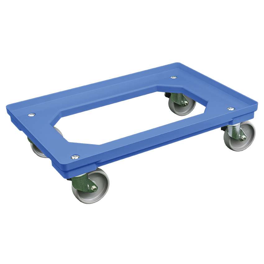Transport-Rollwagen, 610x410x170 mm, Gummirollen, Farbe blau, mit 2 Feststeller für Behälter 600 x 400 mm Transport-Rollwagen, 610x410x170 mm, Gummirollen, Farbe blau, mit 2 Feststeller für Behälter 600 x 400 mm