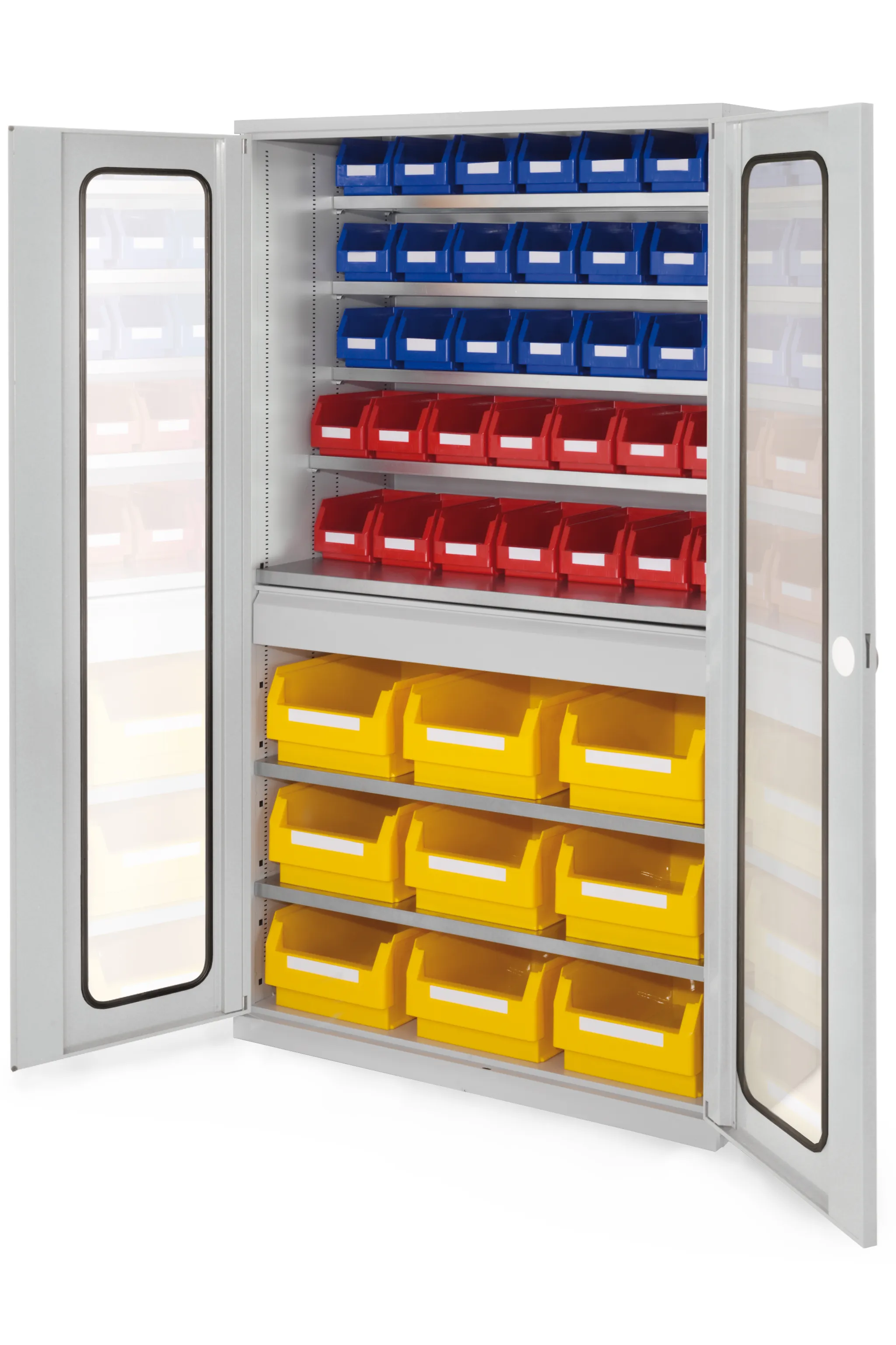 Gro?raumschrank Modell 31 von Kappes Systeme: Robuste Stahlkonstruktion mit Sichtfenstert?ren, zentraler Schublade und flexiblen Lagersichtk?sten. Ideal f?r Industrie.