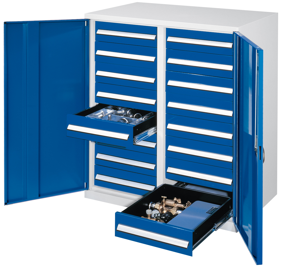 Der Schwerlast-Beistellschrank Modell 72 von Kappes Systeme bietet robuste Stahlkonstruktion, 16 Schubladen, verzinkte Fachböden und ein sicheres Zylinderschloss.