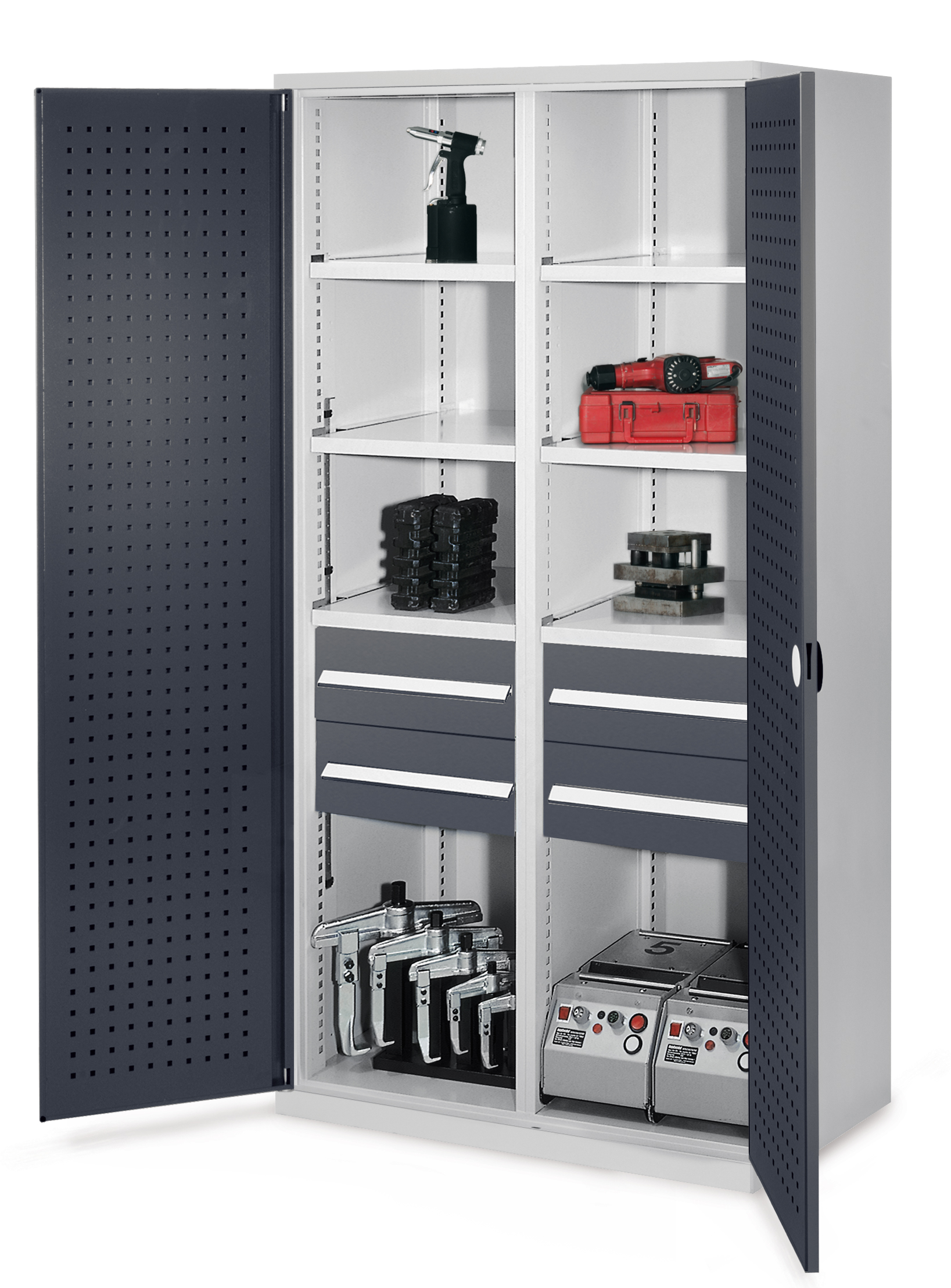 Schwerlastschrank von Kappes Systeme: Robuste Stahlkonstruktion mit Mitteltrennwand, flexible Organisation dank RasterPlan Lochplatten, hohe Tragkraft bis 1,65 t.