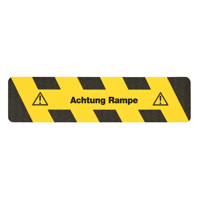 m2-Antirutschbelag Warnmarkierung schwarz/gelb mit Text "Achtung Rampe" Streifen 150x610mm