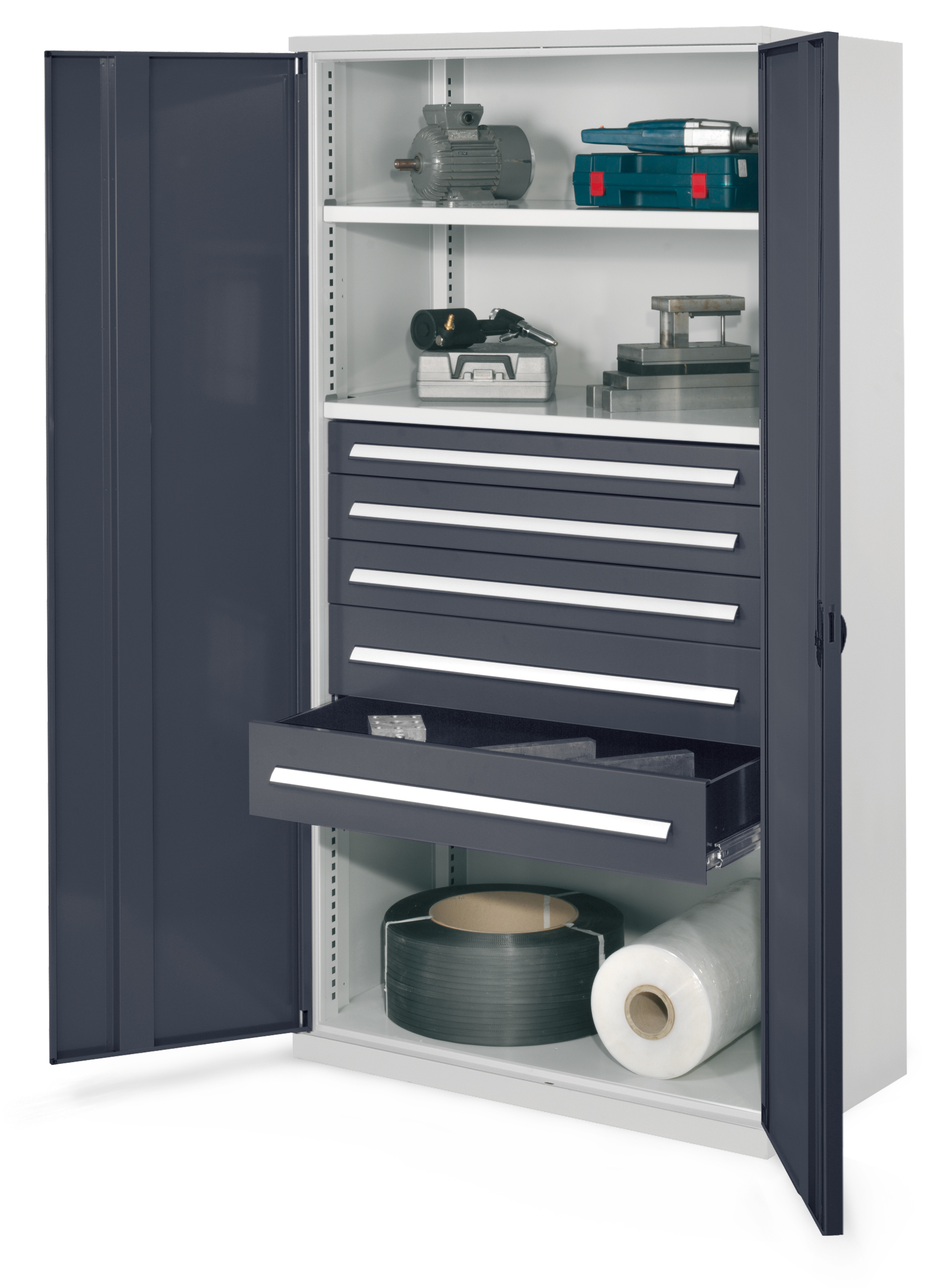 Produktbild des Schwerlastschranks Mod 44 von Kappes Systeme GmbH: Robuste Stahlkonstruktion, 1,65 Tonnen Tragkraft, lichtgrau, mit sicherem Zylinderschloss.
