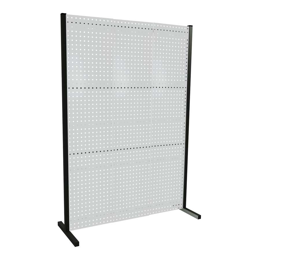 Das ®RasterPlan Trennwand Einzelfeld (L1500 mm x H2000 mm, RAL 7035) mit 3 Lochplatten bietet flexible, ästhetische Lösungen zur effizienten Arbeitsplatzorganisation.