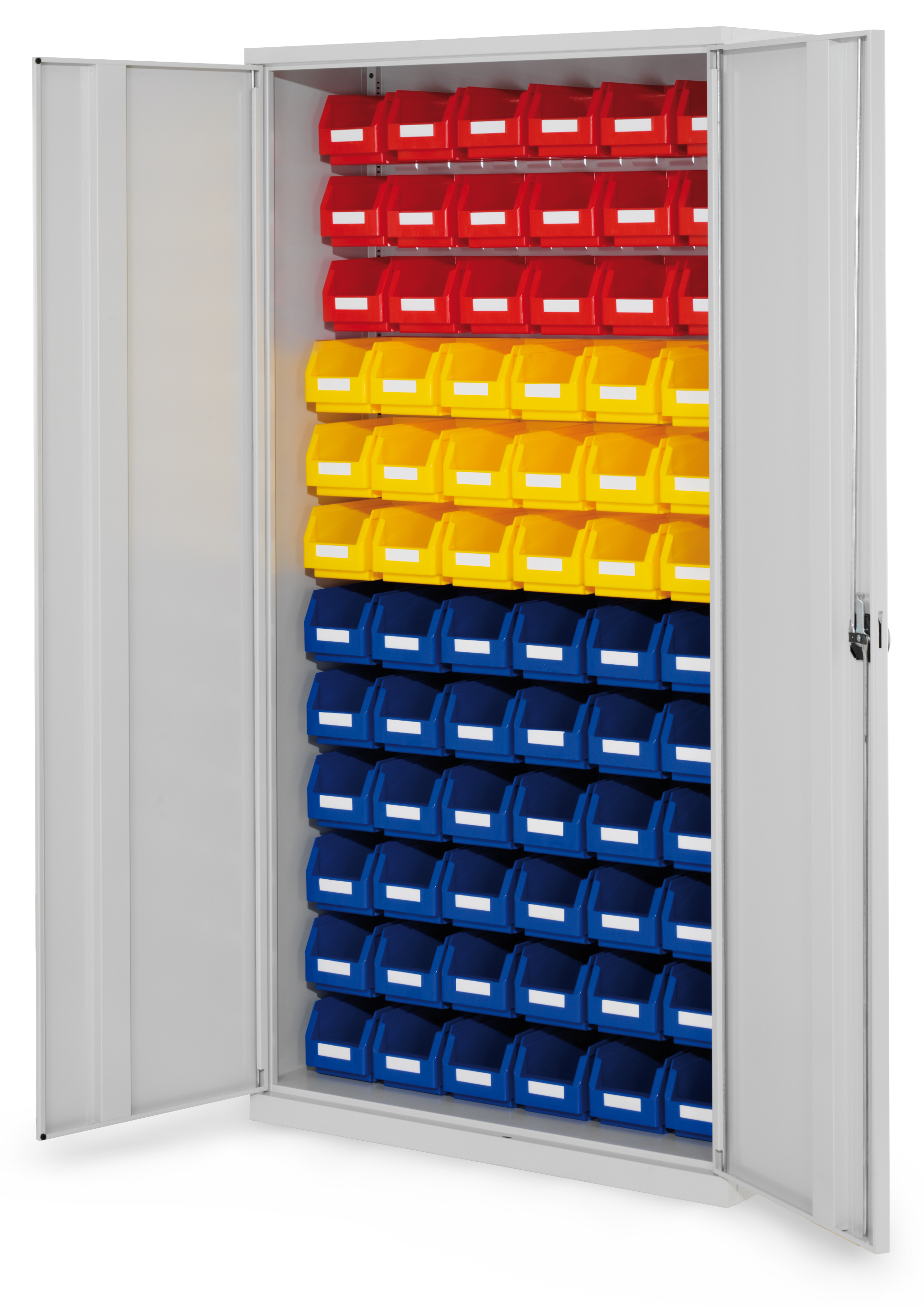 ®RasterPlan Schlitzplattenschrank H1950 x B 1000 x T 410 mm RAL 7035 Modell 56 Vollblechtüren bestückt mit Lagersichtkasten 54 x Größe 5 18 x Größe 6.
