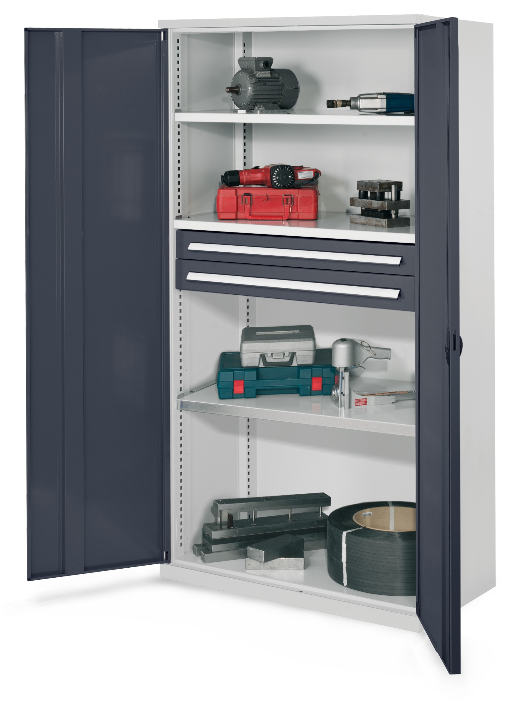 Schwerlastschrank von Kappes Systeme: Robuste Stahlkonstruktion, 1950x1000x600 mm, lichtgrau, 3 Fachböden, 2 Schubladen, bis 1,65 Tonnen belastbar. Ideal für schwere Werkzeuge.