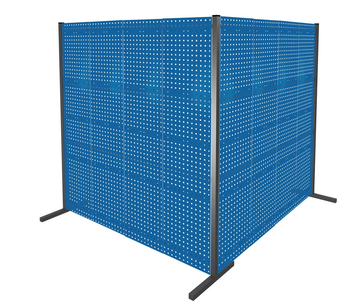 Produktbild der ®RasterPlan Trennwand Doppelfeld 90° in RAL 5010, 2000x2000 mm, mit 8 Lochplatten für flexible, maßgeschneiderte Trennwandlösungen.