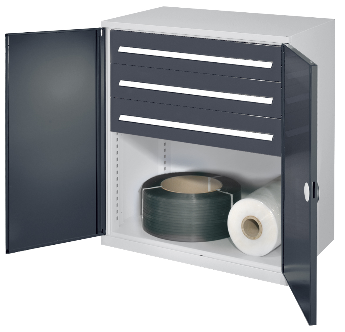 Der Schwerlast-Beistellschrank Modell 67 von Kappes Systeme GmbH bietet robuste Lagerung für Werkzeuge, mit 1,65 t Belastbarkeit und verstellbaren Fachböden.