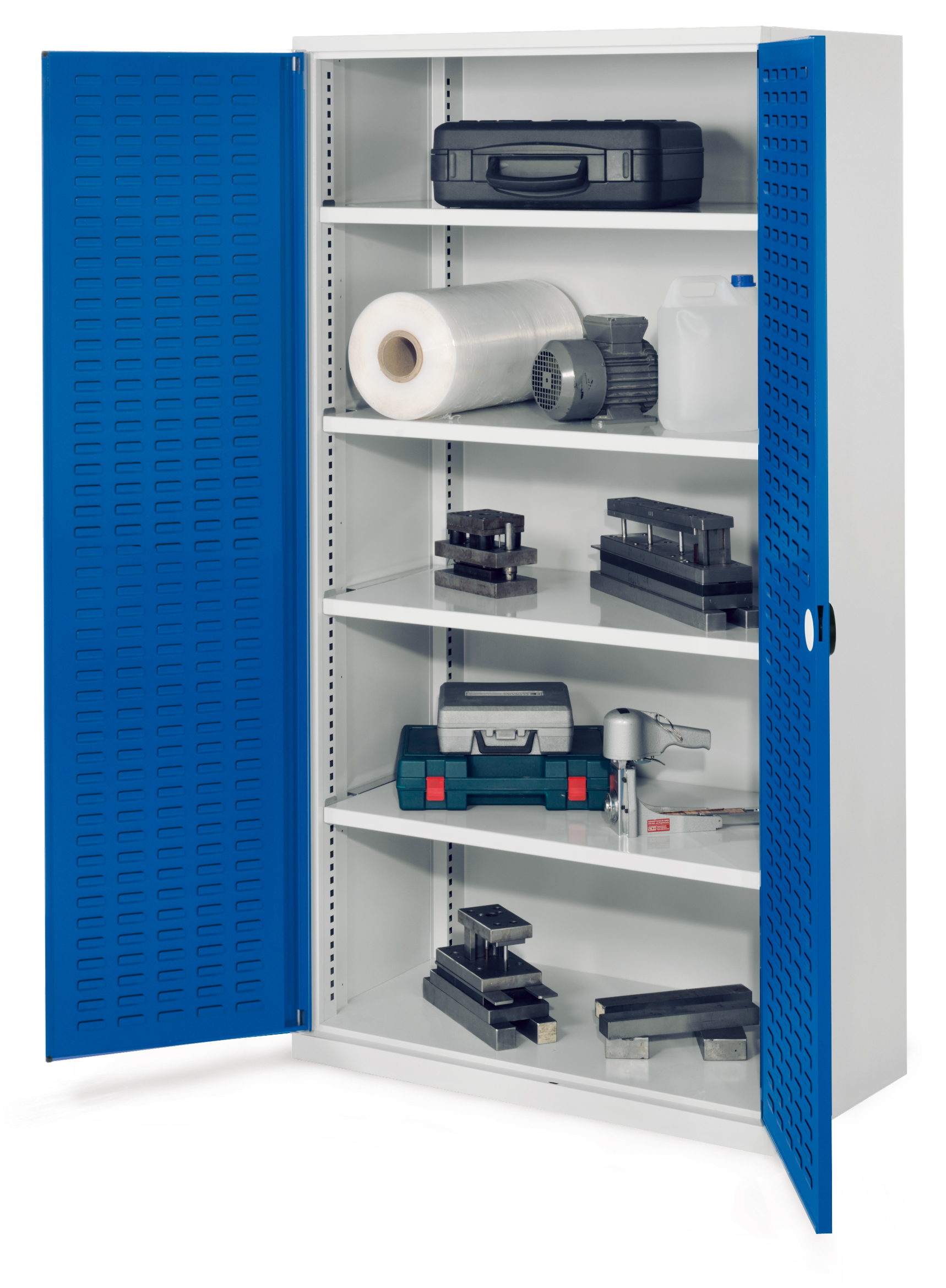 Schwerlastschrank Modell 41 von Kappes Systeme: Robuste Stahlkonstruktion, 1,65 Tonnen Tragkraft, verstellbare Fachböden, doppelwandige Türen, ideal für schwere Werkzeuge.