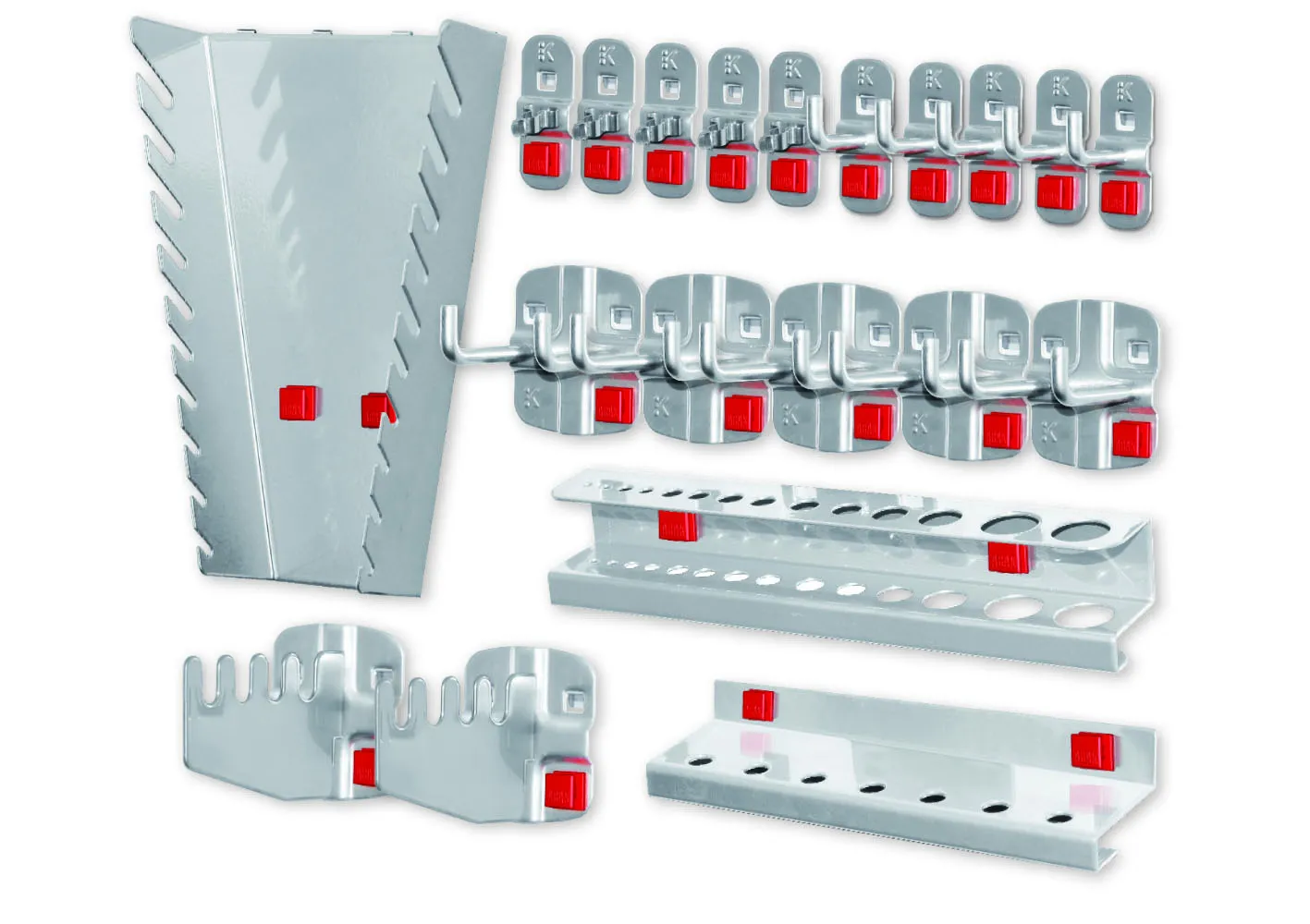 Das 20-teilige ABAX? Werkzeughalter-Sortiment in Alufarben bietet flexible, werkzeuglose Montage f?r effiziente Organisation. Kompatibel mit ?RasterPlan.