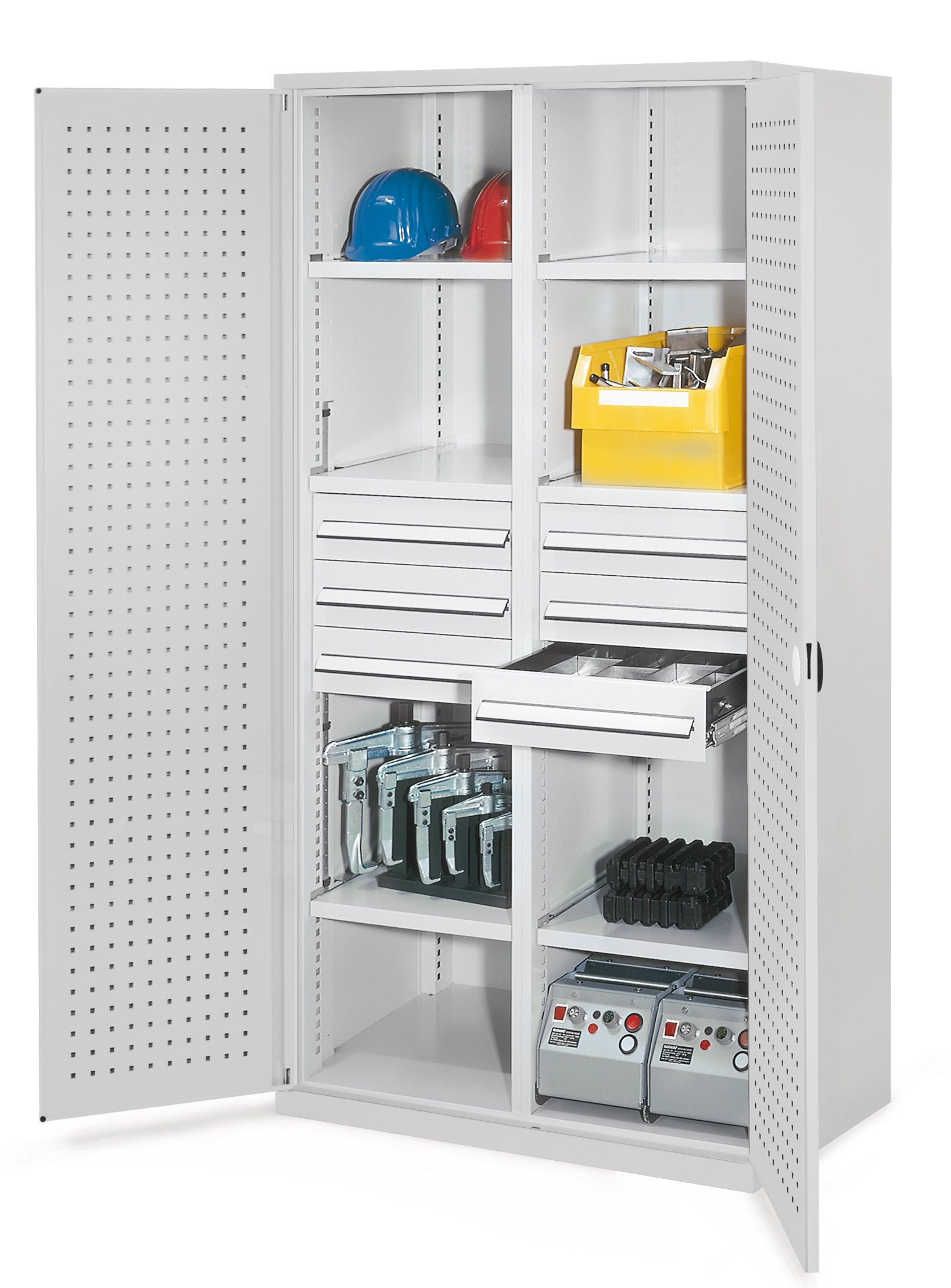 Schwerlastschrank von Kappes Systeme GmbH, lichtgrau, mit Mitteltrennwand, 6 Schubladen, verzinkten Fachböden und robusten Türen für sichere Werkzeuglagerung.