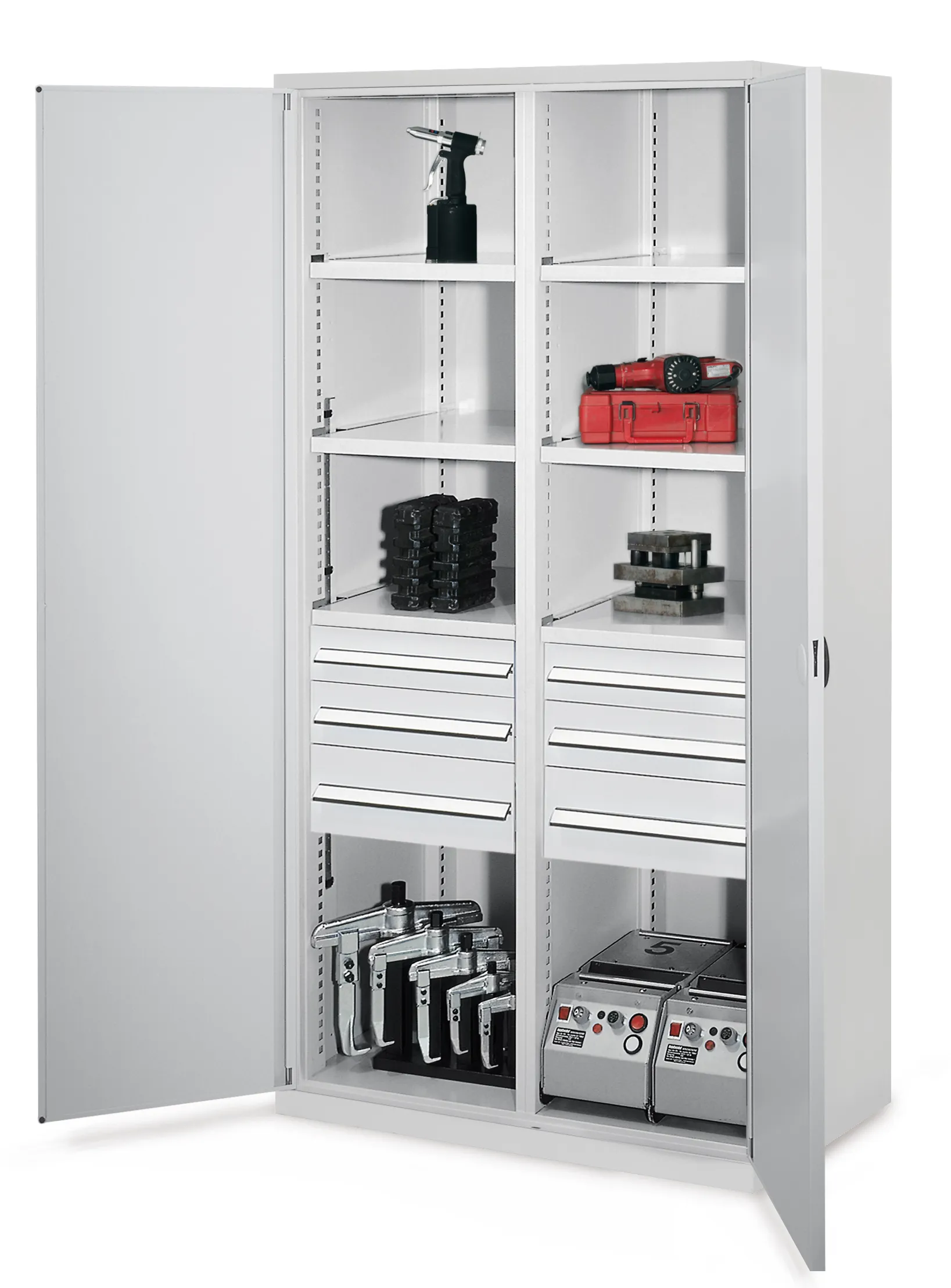 Der Schwerlastschrank Mod 55 von Kappes Systeme GmbH bietet mit seiner robusten Stahlkonstruktion und doppelwandigen Türen sichere Lagerung für schwere Werkzeuge.