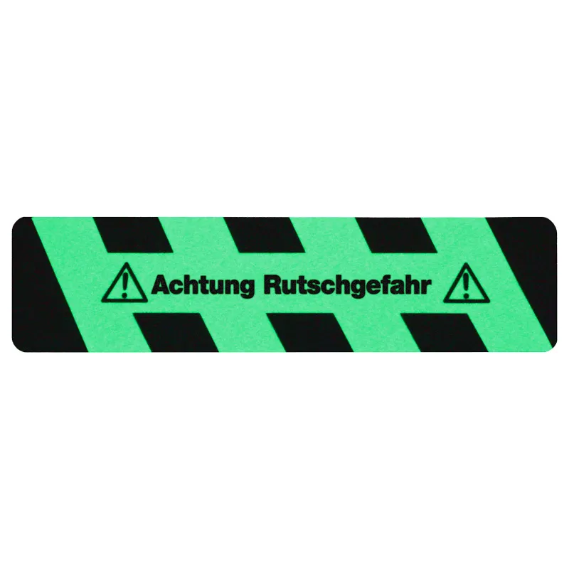 Hochwertiger, nachleuchtender Antirutschbelag von Mehlhose mit Warntext "Achtung Rutschgefahr" f?r erh?hte Sicherheit und einfache Montage in rutschgef?hrdeten Bereichen.