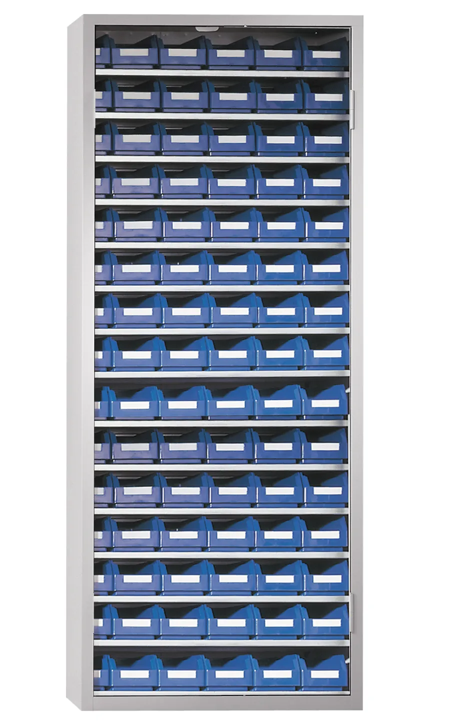 Der Ordnungsschrank Modell 23 von Kappes Systeme GmbH in Lichtgrau bietet robuste Stahlkonstruktion, 90 Lagersichtkästen und ein sicheres Zylinderschloss.