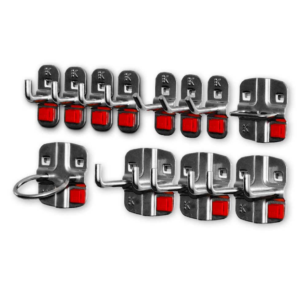 ®RasterPlan/ABAX Werkzeughalter-Sortiment 12-teilig anthrazitgrau. 4 Werkzeughalter mit senkr. Ende 3 Doppelter Werkzeughalter 1 Zangenhalter 1 Maschinenhalter 3 Werkzeughalter mit schrägem Ende.