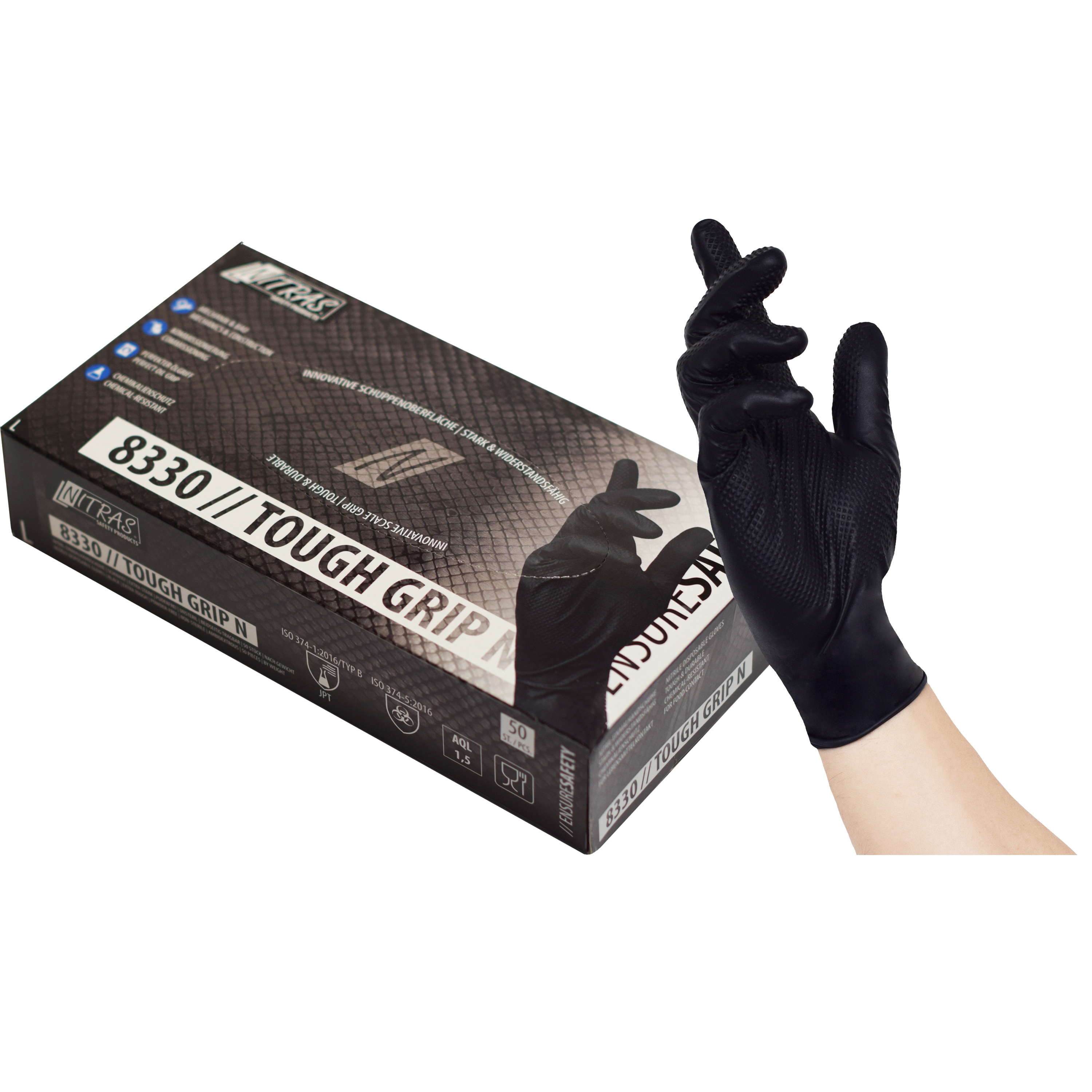 NITRAS TOUGH GRIP N, Nitril-Einmalhandschuhe, schwarz, EN ISO 374, Box Ã  50 Stück
