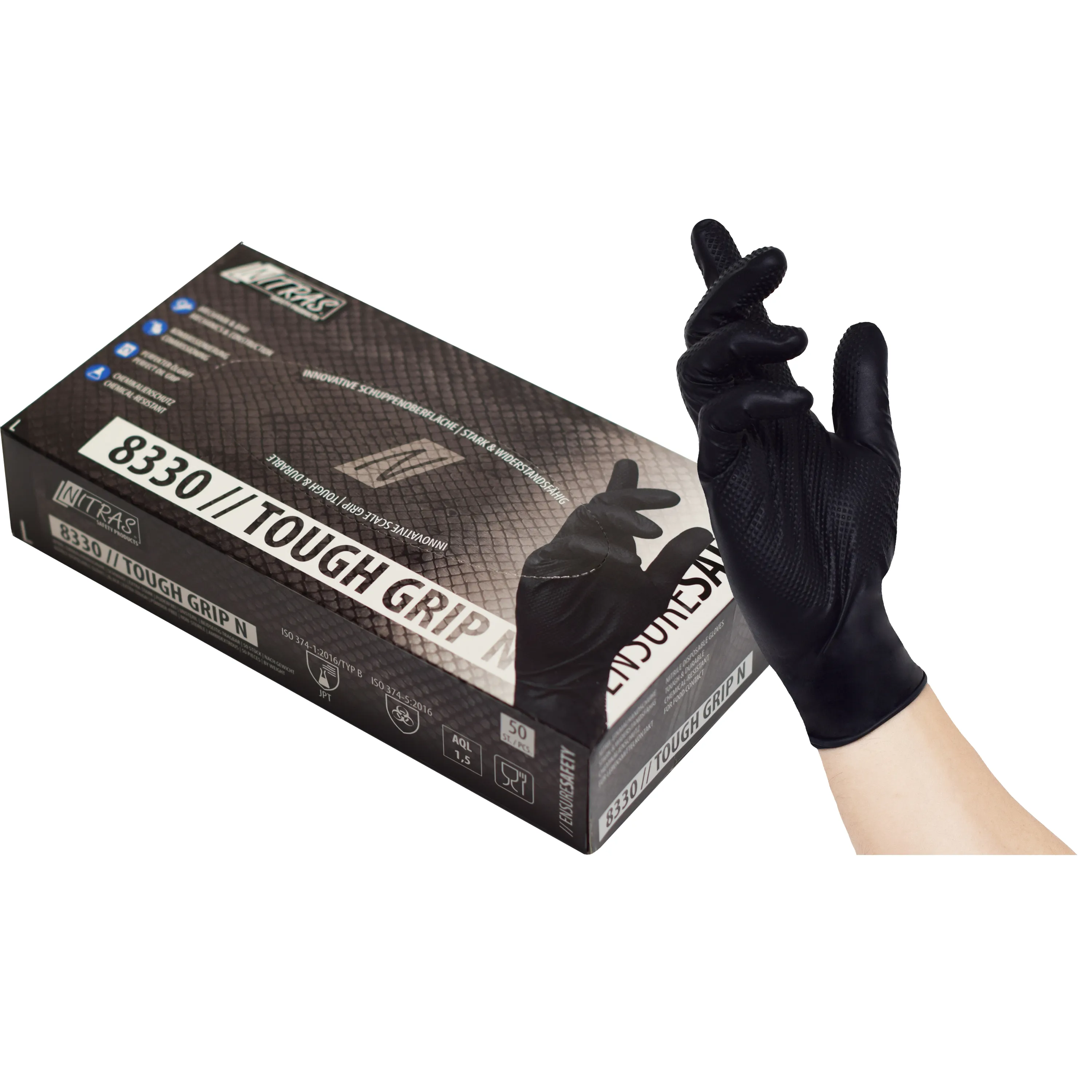 Schwarze NITRAS TOUGH GRIP N Nitril-Einmalhandschuhe bieten starken Griff, Schutz und Komfort. Ideal f?r Lebensmittelkontakt und vielseitige Anwendungen. Box mit 50 St?ck.