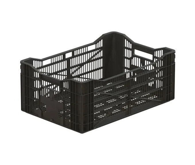 Robuster HDPE Lagerbehälter von Bekuplast, 600x400x240 mm, 41 l Volumen, durchbrochene Seiten und Boden, offene Griffe, ideal für Lagerung und Transport.