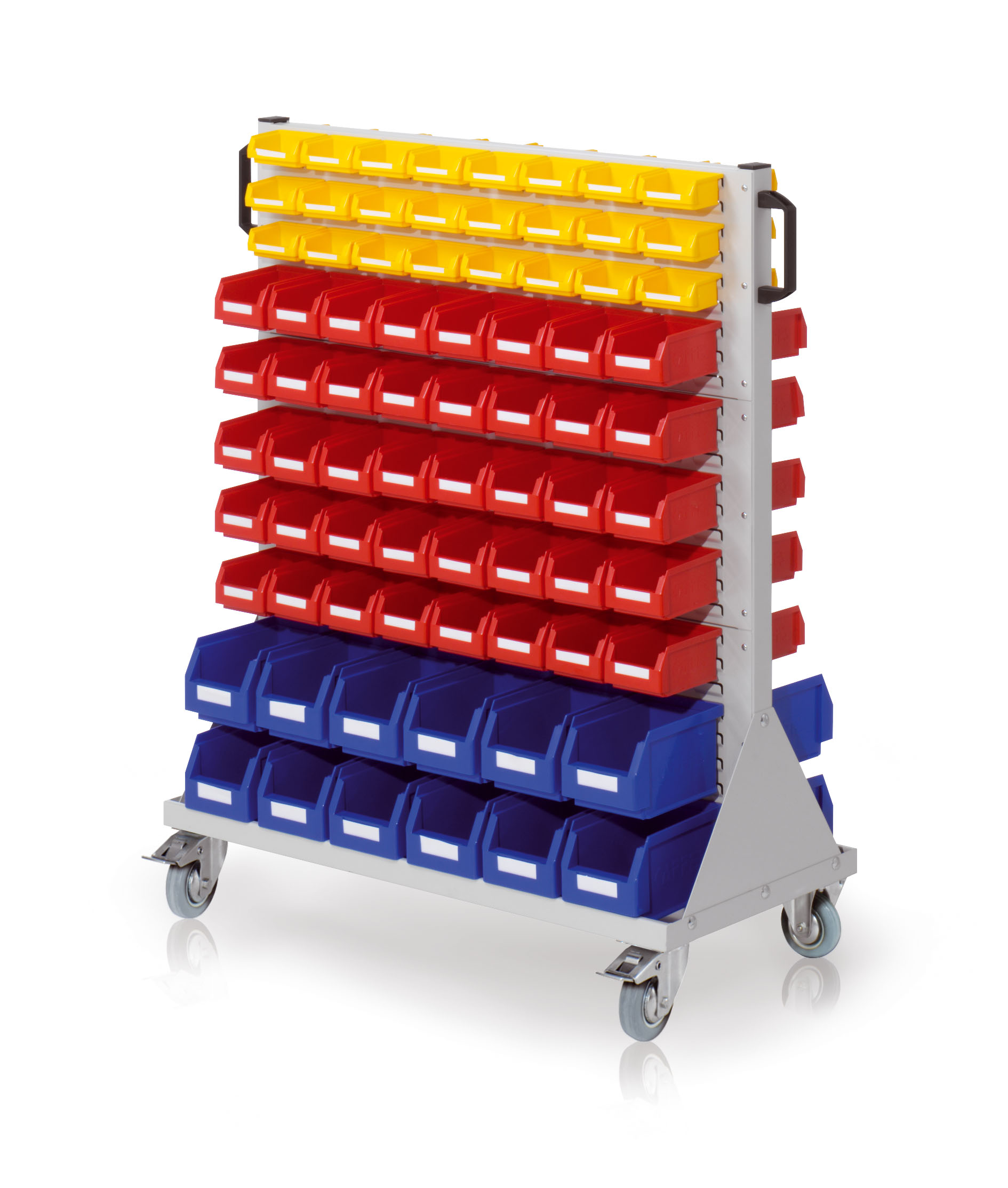 Der lichtgraue RasterMobil Rollwagen Gr. 3 von Kappes Systeme bietet mit robustem Design und modularer Bauweise effiziente Lagerung und sicheren Transport in der Industrie.