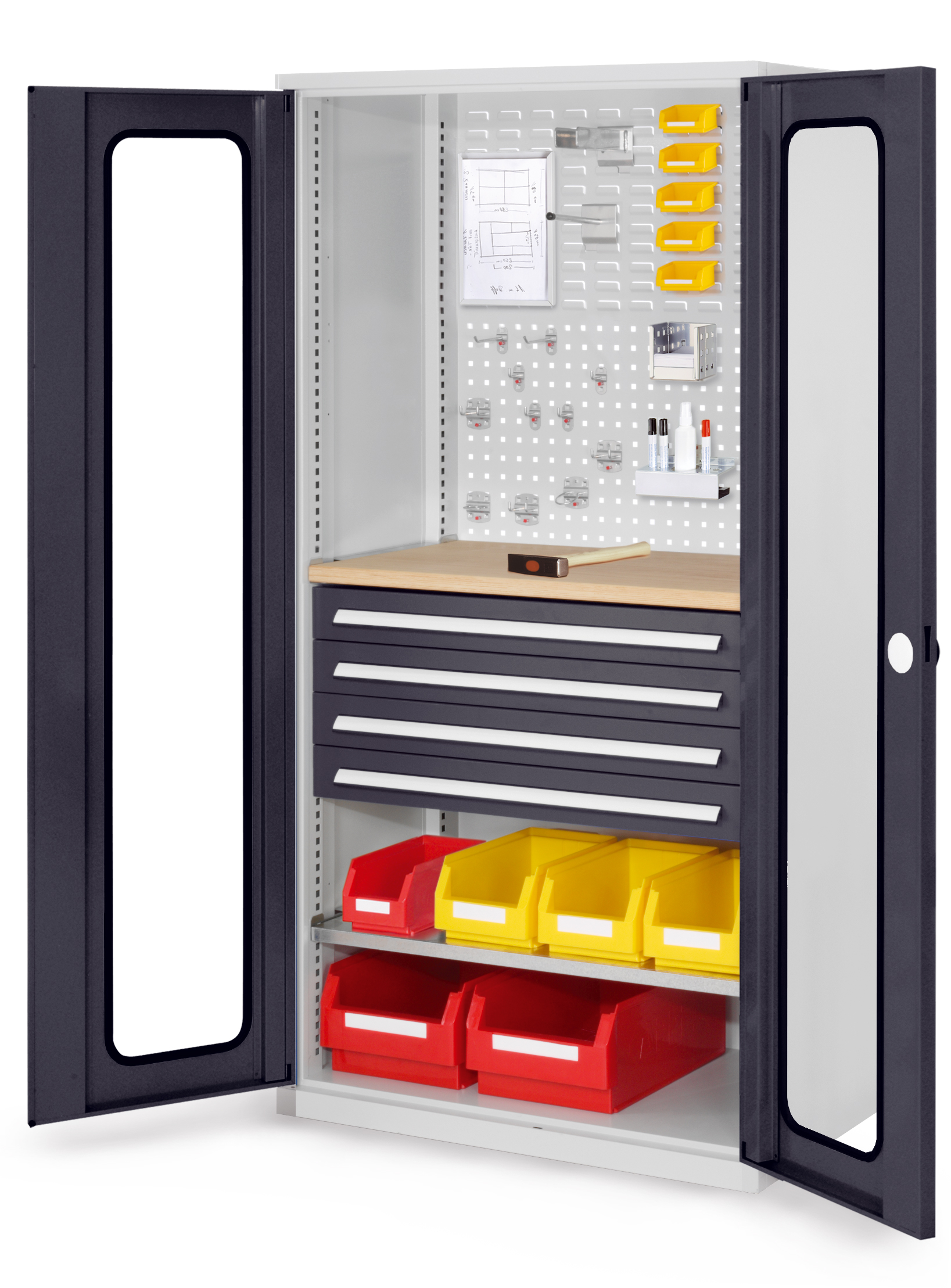 Der RasterPlan Schubladenschrank Modell 36 von Kappes Systeme bietet robuste Lagerungslösungen mit Sichtfenstertüren, 4 Schubladen und hoher Sicherheit.