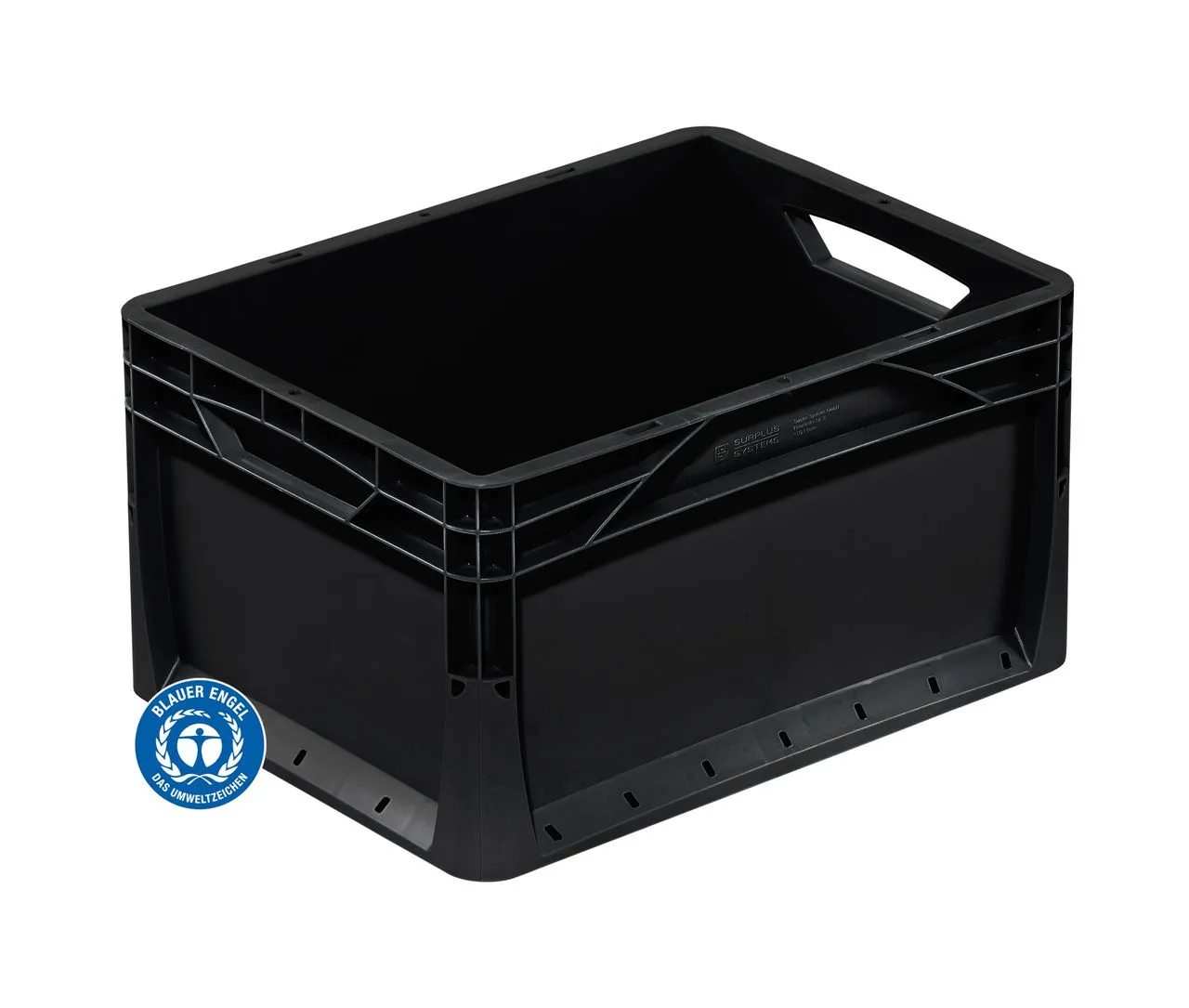 Der schwarze Lightline-Beh?lter von Bekuplast, 20 l, bietet umweltfreundliche Lagerung und Transport mit "Blauer Engel"-Zertifikat und praktischen offenen Griffen.