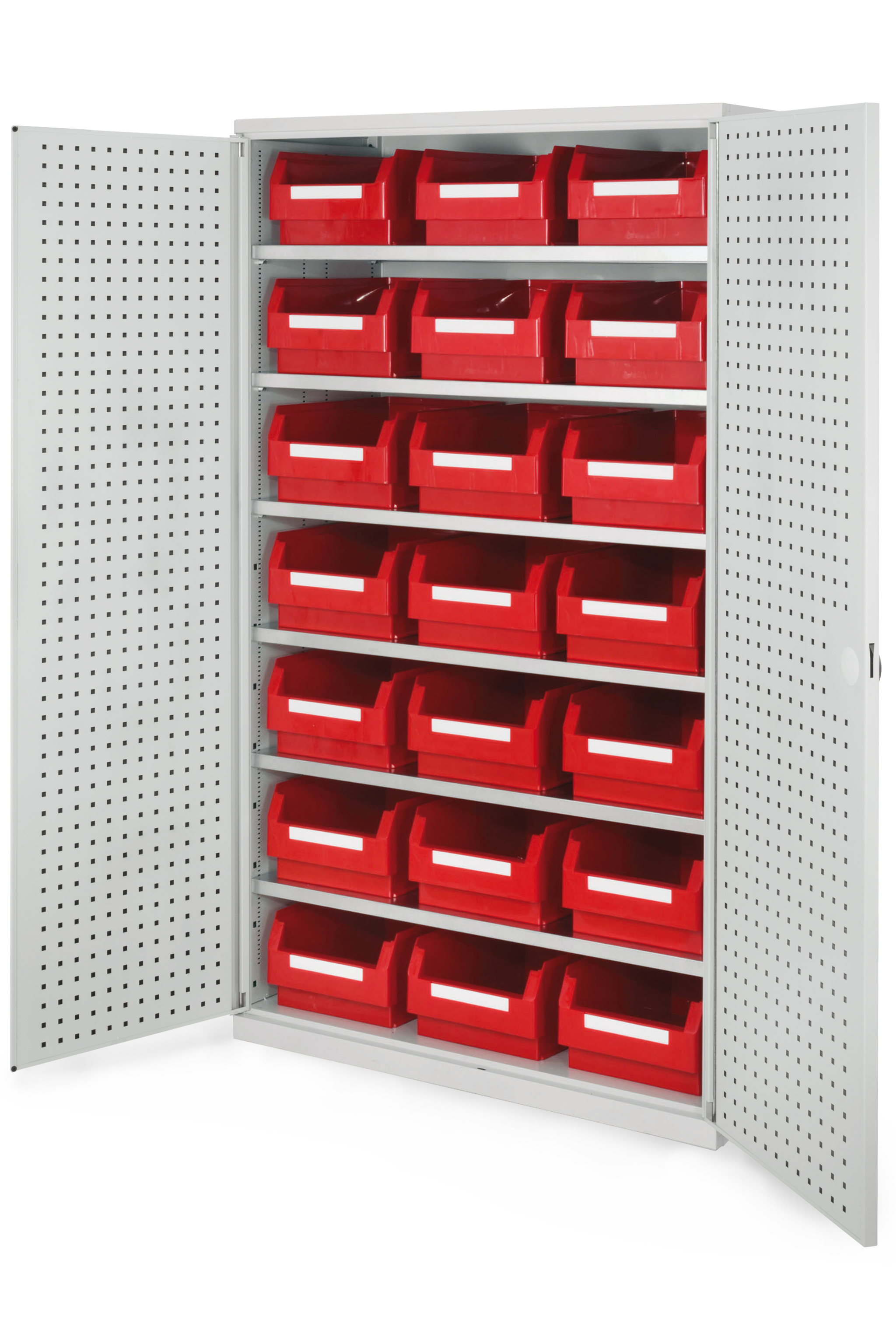 Gro?raumschrank Modell 13RAL 7035 von Kappes Systeme: Robuste Stahlkonstruktion, modulare Lagerl?sung mit Lochplatten, Schubladen und Sicherheits-Zylinderschloss.