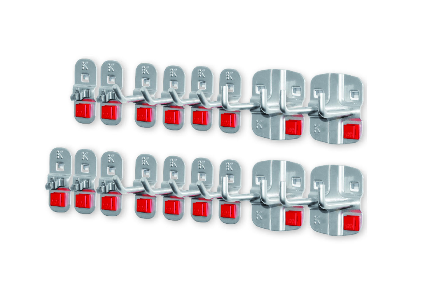 Das 17-teilige ®RasterPlan/ABAX Werkzeughalter-Sortiment in Alufarbe bietet werkzeuglose Montage und flexible Handhabung für Ihre Werkstatt.