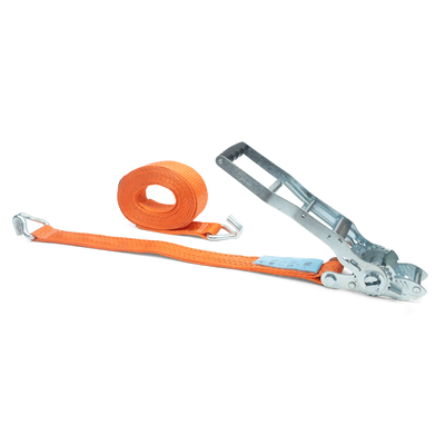 Robuste Zurrgurte von Dolezych: 50 mm breit, 2500 daN Zugkraft, leuchtend orange, 6000 mm lang, mit DoMulti Langhebelzugratsche für sicheren Transport.