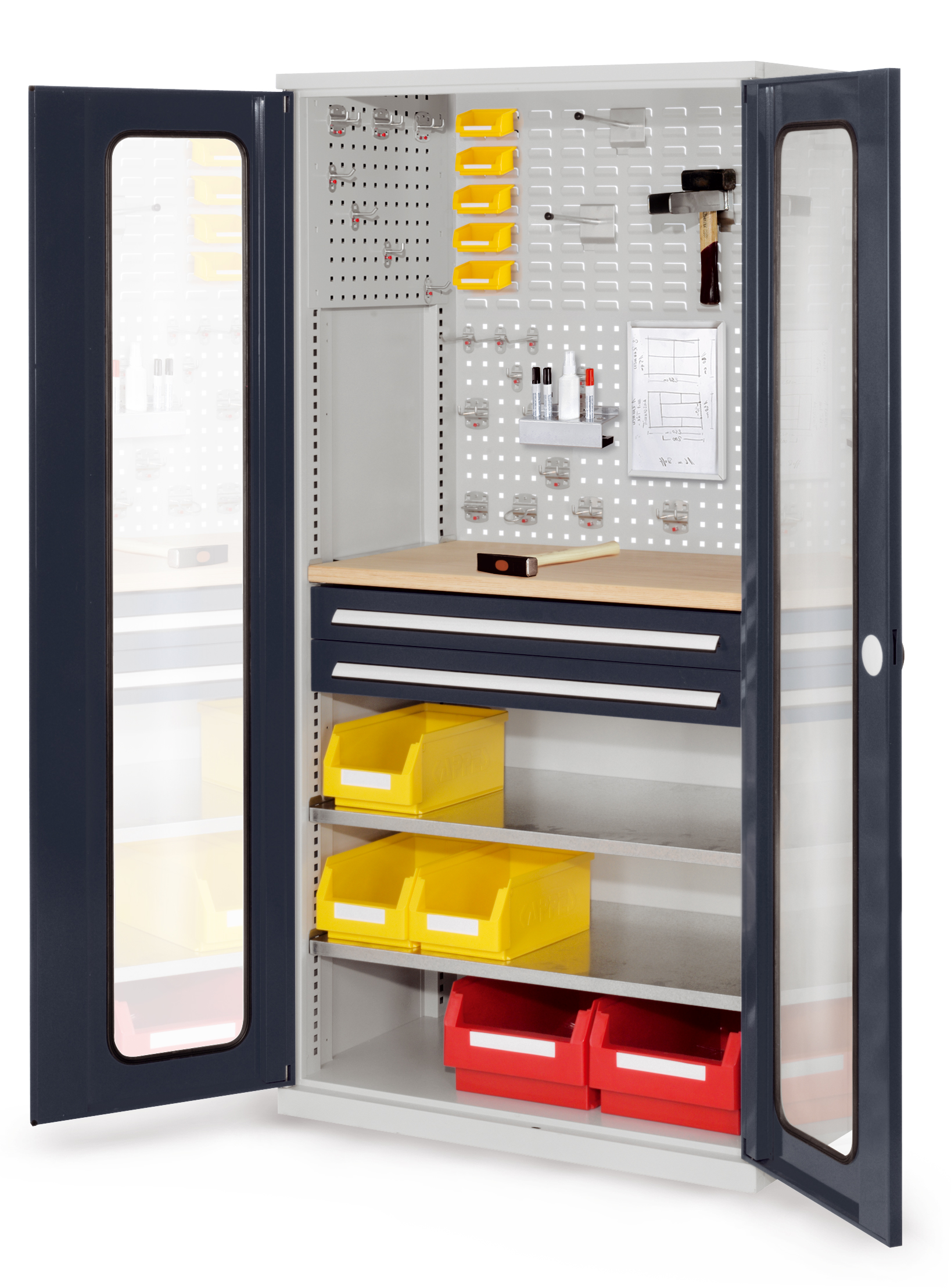 Der RasterPlan Schubladenschrank Modell 34 von Kappes Systeme bietet mit robustem Stahl, zwei Schubladen und Fachböden eine effiziente Lösung für Werkzeuglagerung.