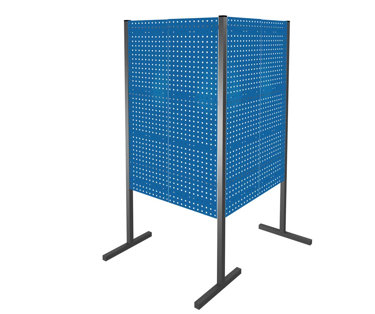 Das ®RasterPlan Trennwandsystem Doppelfeld 90° in RAL 5010 bietet flexible Raumgestaltung mit vier Lochplatten für individuelle Trennwandlösungen.