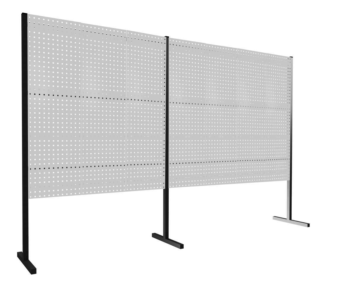 Das ®RasterPlan Trennwandsystem Doppelfeld 180° von Kappes Systeme GmbH bietet flexible, robuste Trennwandlösungen mit 7 Lochplatten in RAL 7035 für Industrieumgebungen.