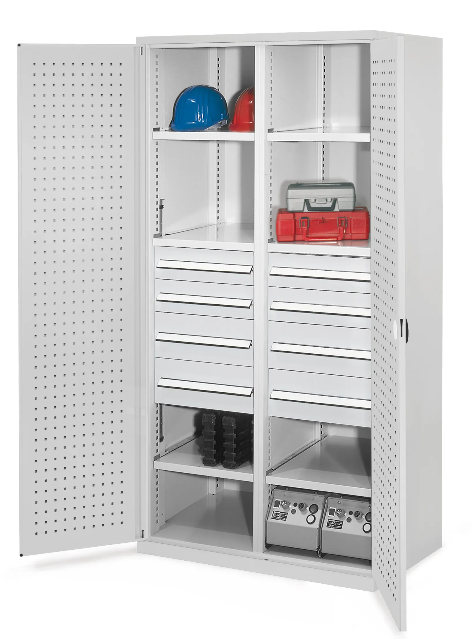 Schwerlastschrank von Kappes Systeme GmbH, Modell 54, lichtgrau, mit Mitteltrennwand, 7 Schubladen, 6 Fachb?den, extrem stabil, bis 1,65 Tonnen belastbar.