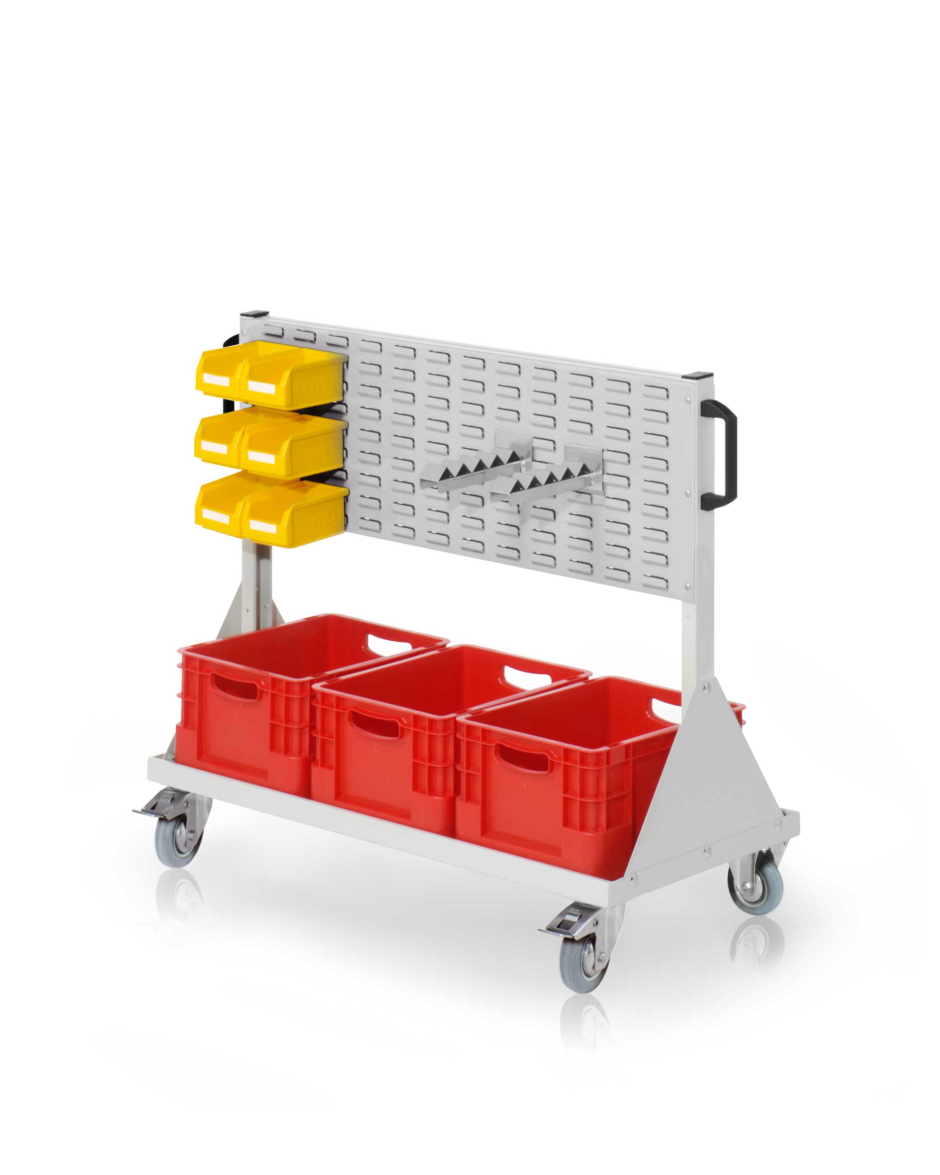 Das RasterMobil Gr. 2 von Kappes Systeme GmbH ist ein flexibles, robustes Lagersystem in RAL 7035, ideal für Werkstätten, mit ergonomischen Griffen und sicherer Mobilität.