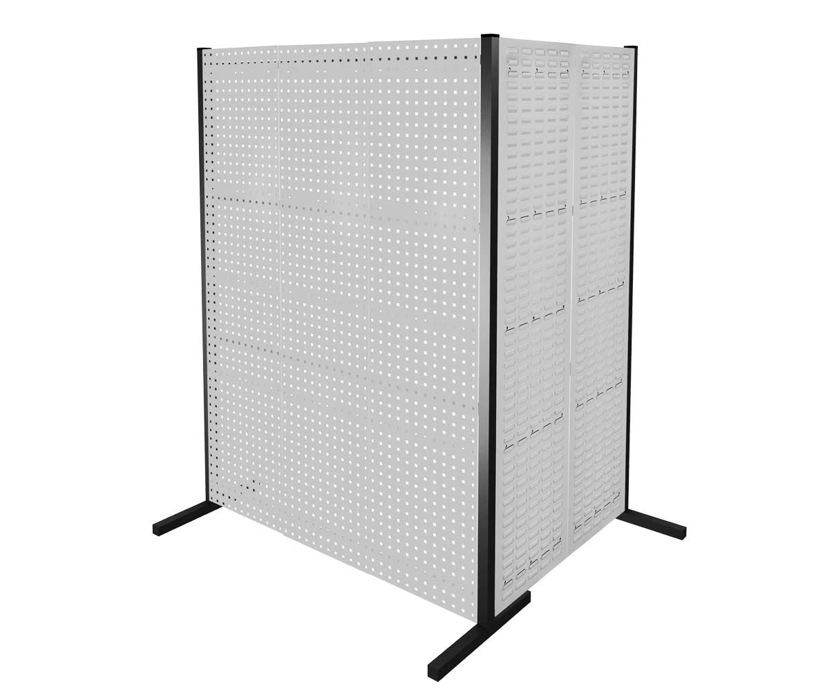 Produktbild der ®RasterPlan Trennwand Doppelfeld 90°: Flexible, 2000 mm hohe Trennwand in RAL 7035, ideal für industrielle Anwendungen mit Loch- und Schlitzplatten.