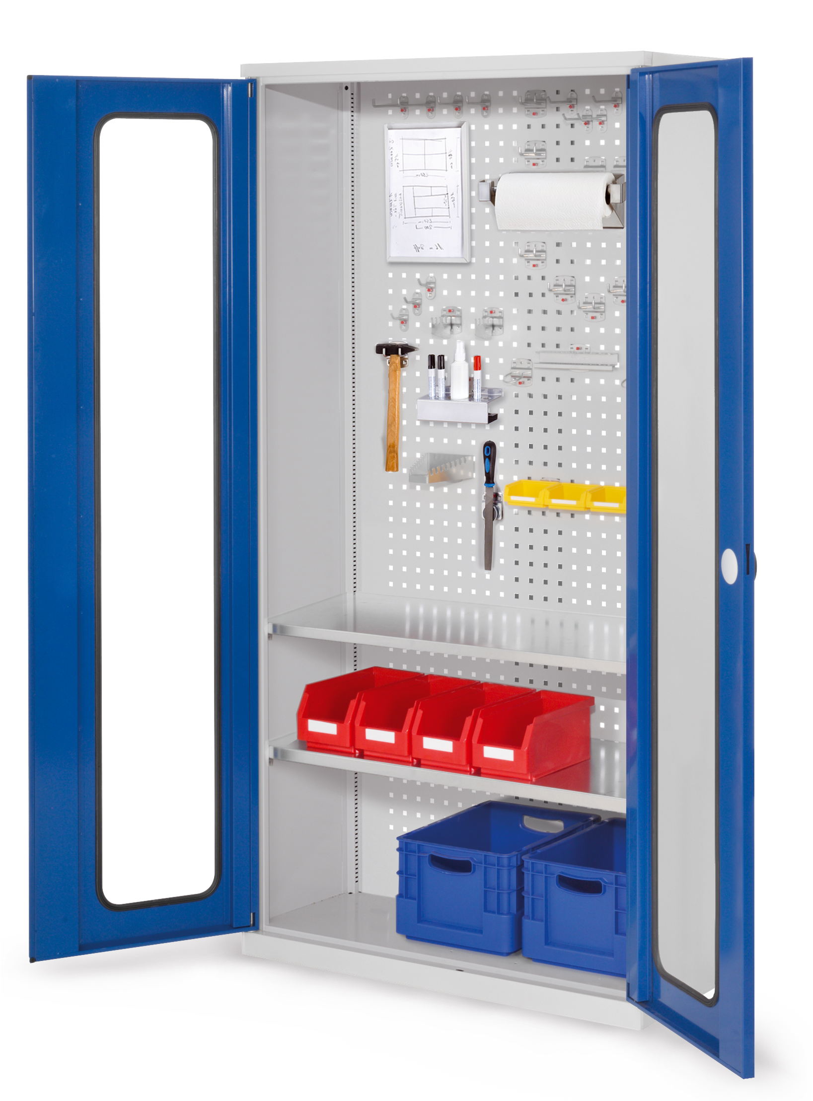 Der ®RasterPlan Werkzeugschrank Modell 5 410 von Kappes Systeme bietet robuste Stahlkonstruktion, flexible Innenausstattung und sichere Aufbewahrung mit Sichtfenstertür.