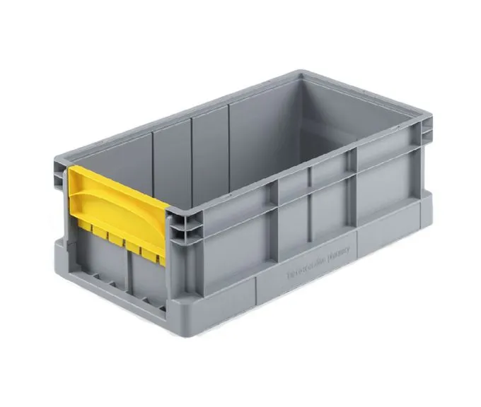 Grauer Knapp-Behälter von Bekuplast, 600x330x210 mm, robust mit abgesenkter Stirnseite für leichten Zugriff, ideal für Lagerung und Kommissionierung.