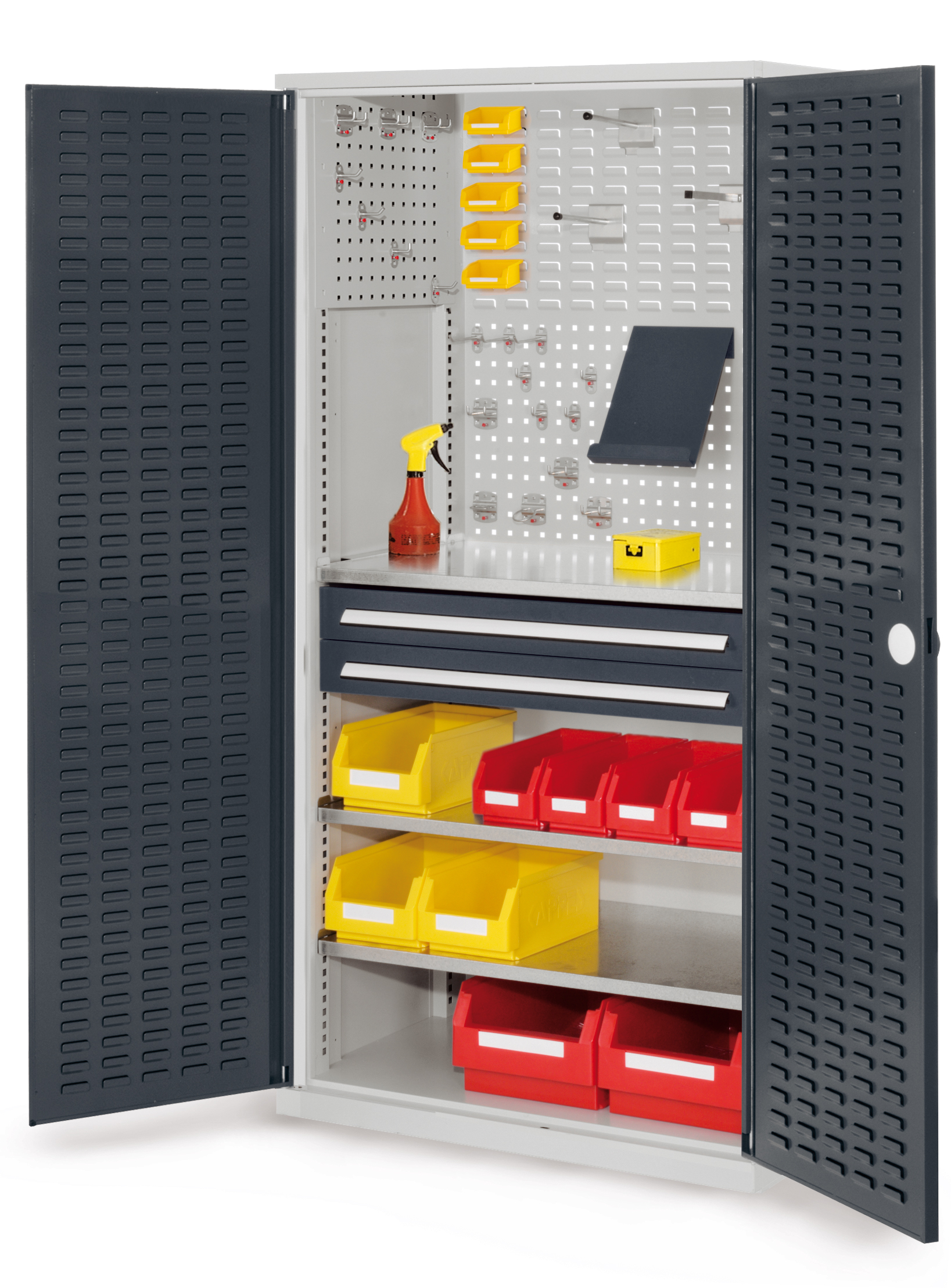 Der RasterPlan Schubladenschrank Modell 21 von Kappes Systeme bietet robuste, flexible Lagerungslösungen mit anpassbaren Schubladen und Fachböden für Werkstätten.