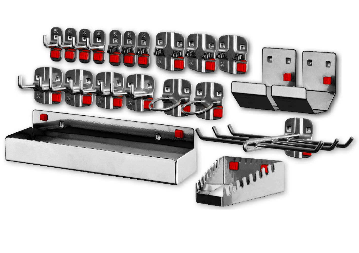 Das 21-teilige ®RasterPlan/ABAX Werkzeughalter-Sortiment in Anthrazitgrau bietet werkzeuglose Montage und flexible Anpassung für effiziente Werkzeugorganisation.