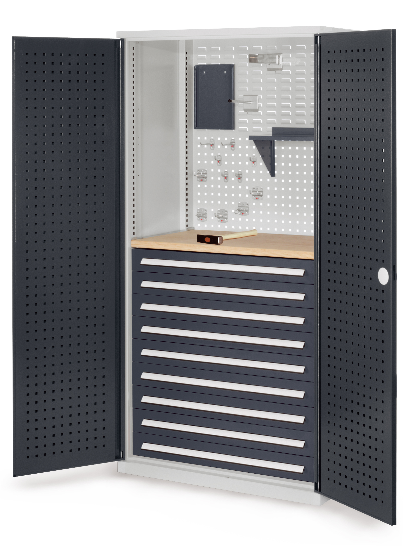 Der RasterPlan Schubladenschrank Modell 17 von Kappes Systeme bietet robuste Stahlkonstruktion, 9 Schubladen und eine Werkbankplatte für professionelle Lagerung.
