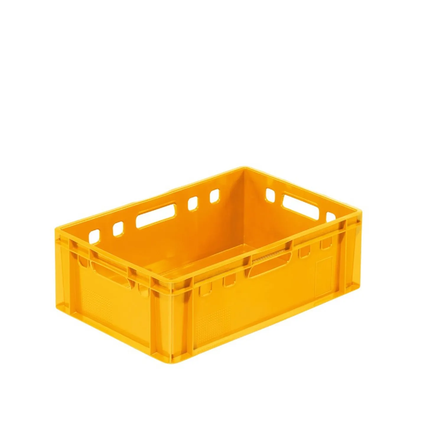Gelber Euro-Fleischbehälter von Bekuplast, robust und langlebig aus HDPE, mit 600x400x200 mm, ideal für sicheren Fleischtransport und -lagerung.