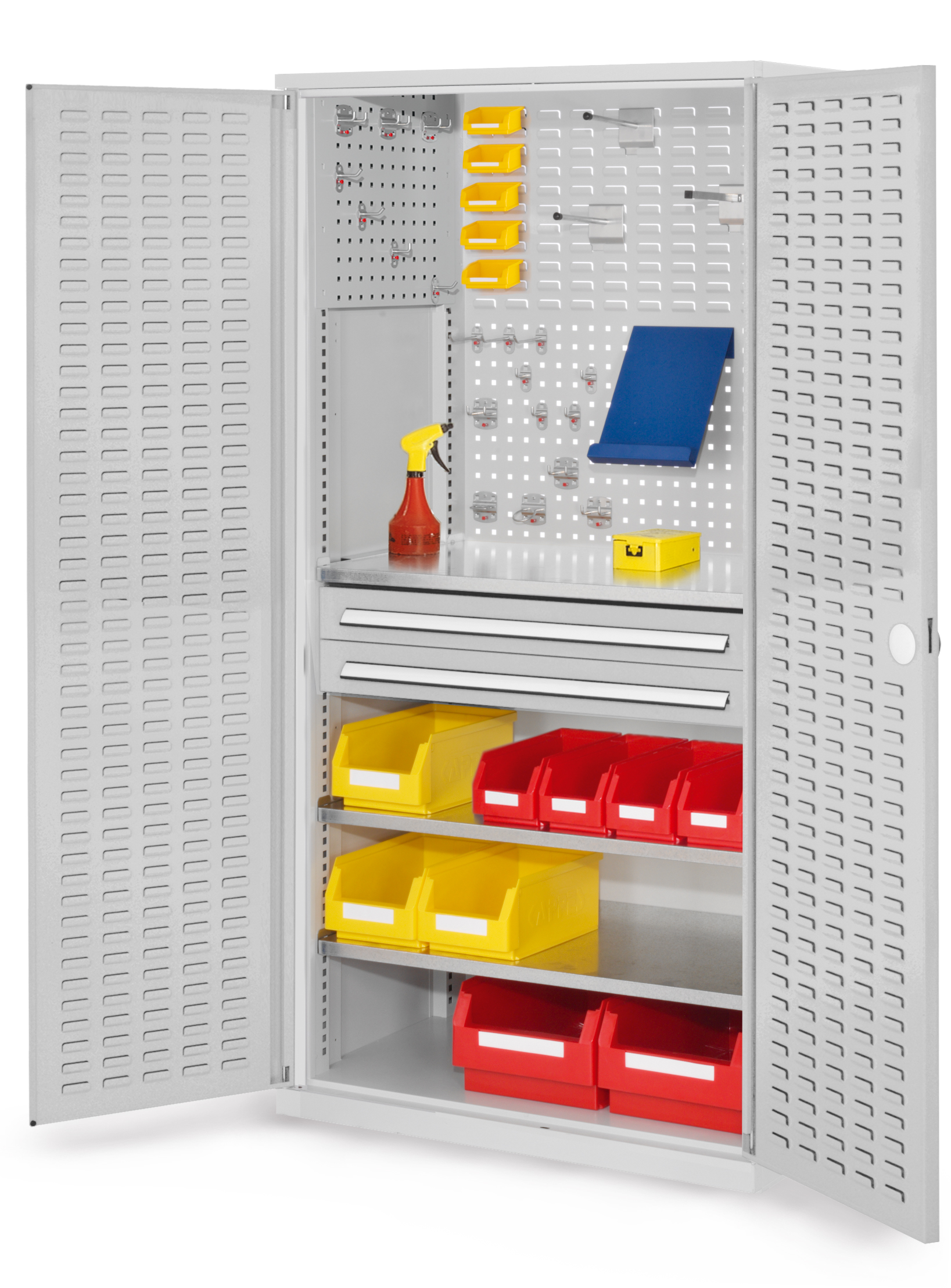 ®RasterPlan Schubladenschrank Modell 21 RAL 7035. Türinnenseite: Schlitzplatten 1950 x 1000 x 600 mm 2 Schubladen H 100 mm 3 Fachböden verzinkt.