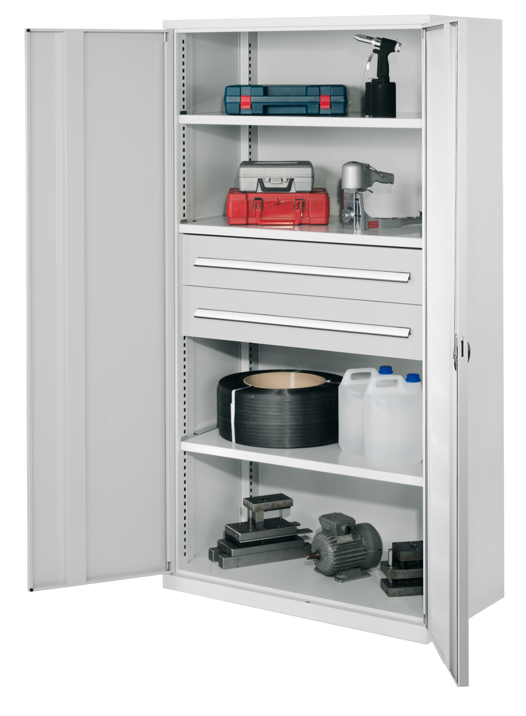 Schwerlastschrank ohne Mitteltrennwand 1950 x 1000 x 600 mm Mod 42 RAL 7035. Vollblechtür 3 Fachböden verzinkt 2 Schubladen 175 mm.