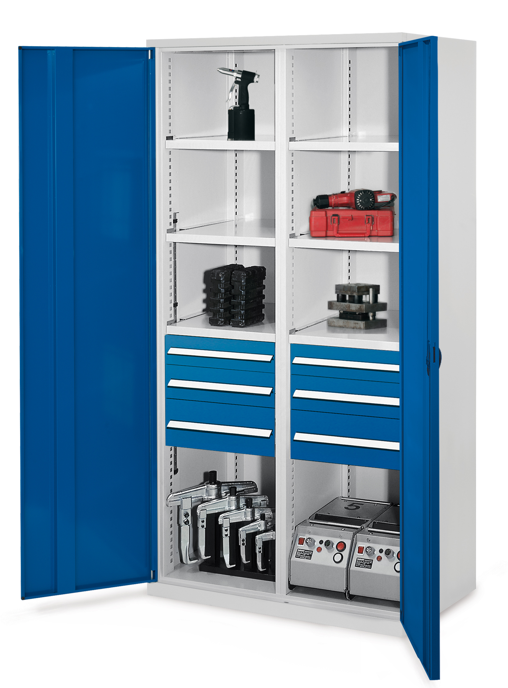 Schwerlastschrank Modell 55 von Kappes Systeme: Robuste Stahlkonstruktion mit Mitteltrennwand, vielseitigen Schubladen und Fachböden, ideal für industrielle Anwendungen.