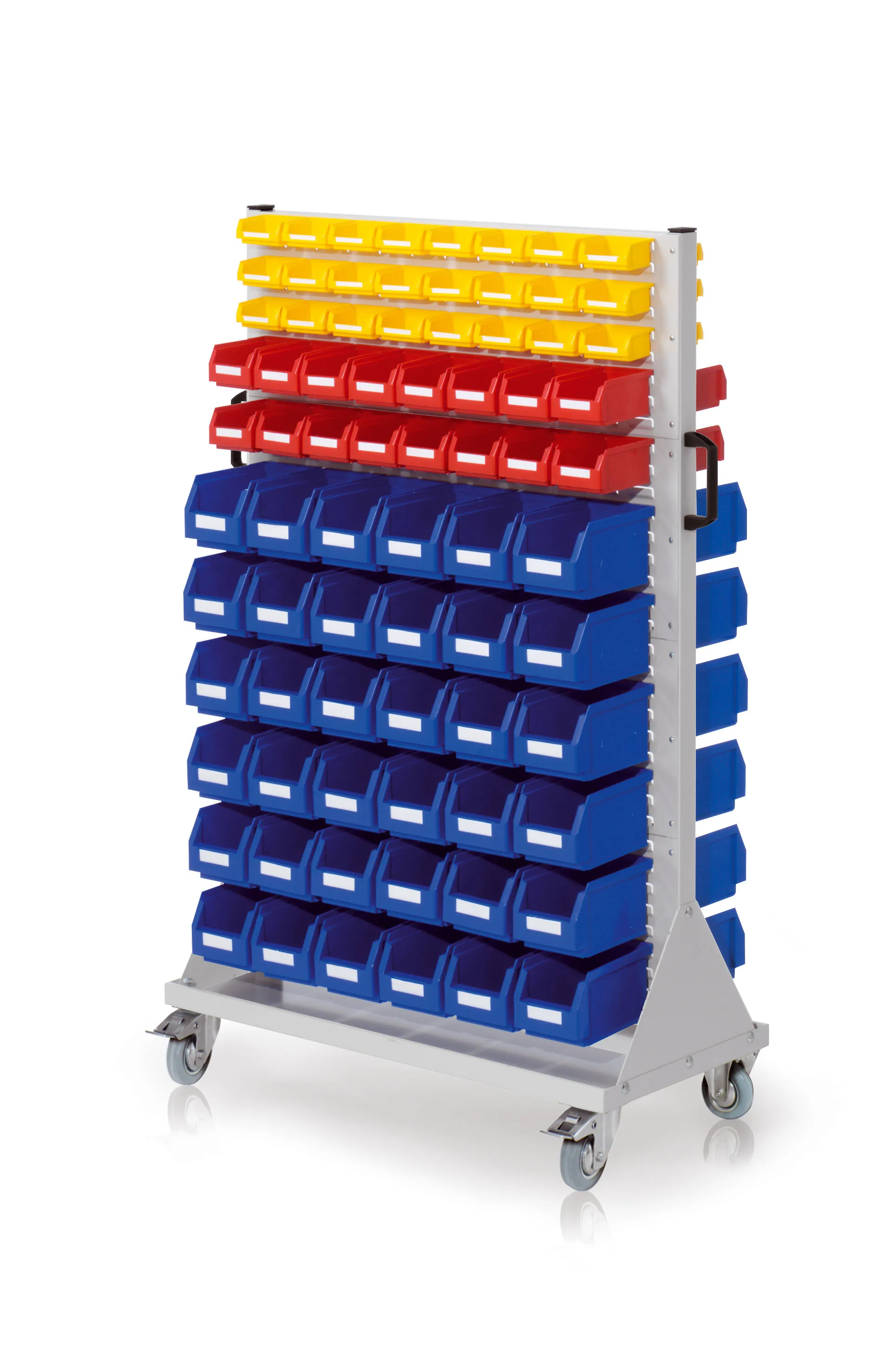 Der RasterMobil Rollwagen Gr. 4 von Kappes Systeme bietet mit 152 Lagersichtkästen und modularer Bauweise eine flexible, mobile Lagerlösung für Werkstätten.